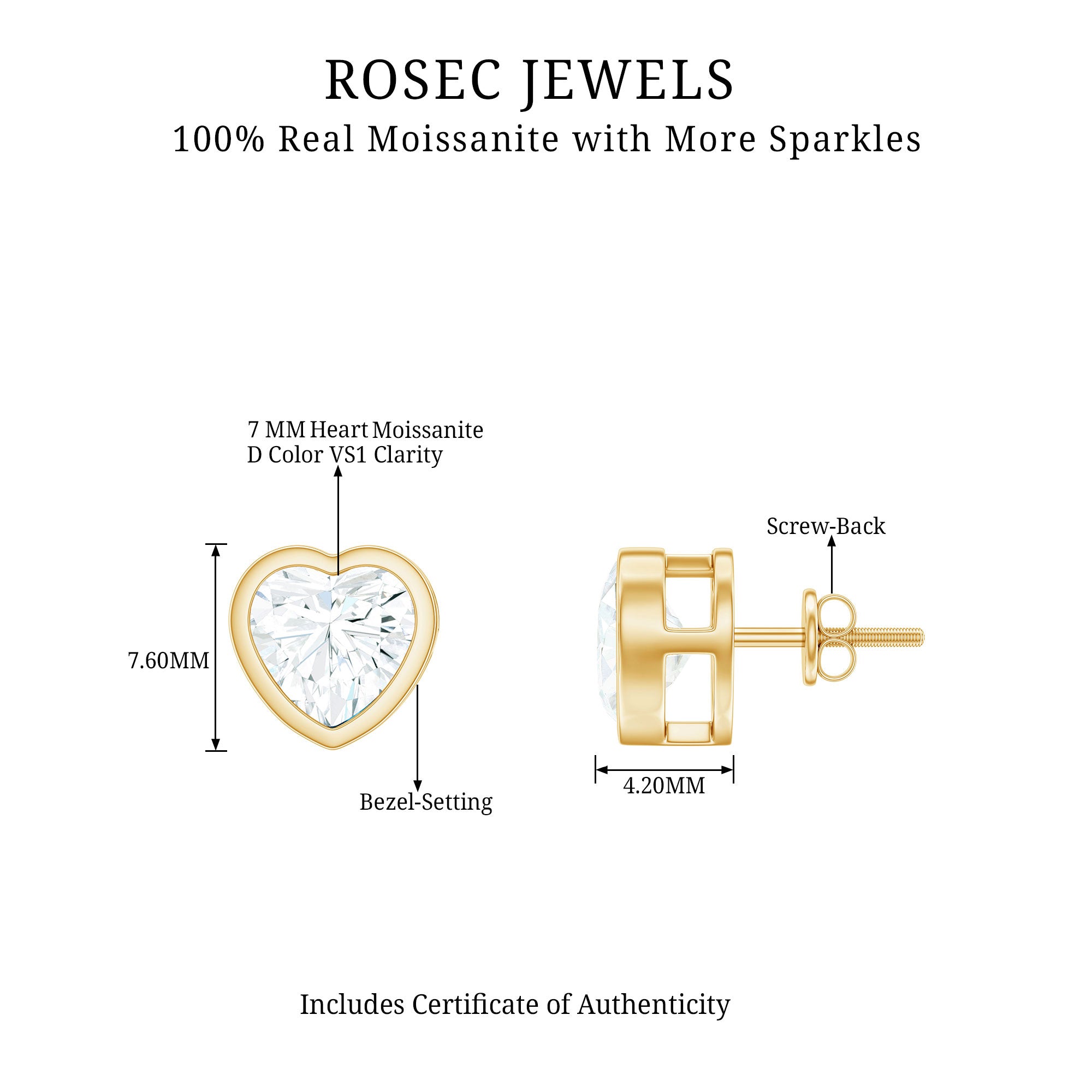 3 Carat Moissanite Heart Stud Earrings in Bezel Setting D-VS1 - Rosec Jewels
