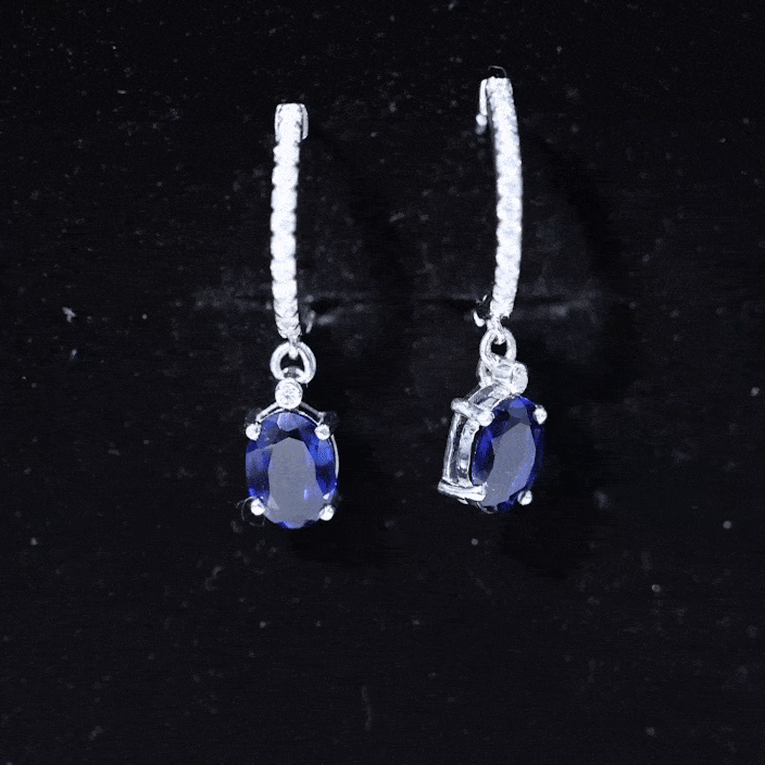 Oval Lab Created Blue Sapphire and Moissanite Hoop Drop Earrings AAAA - Rosec Jewels