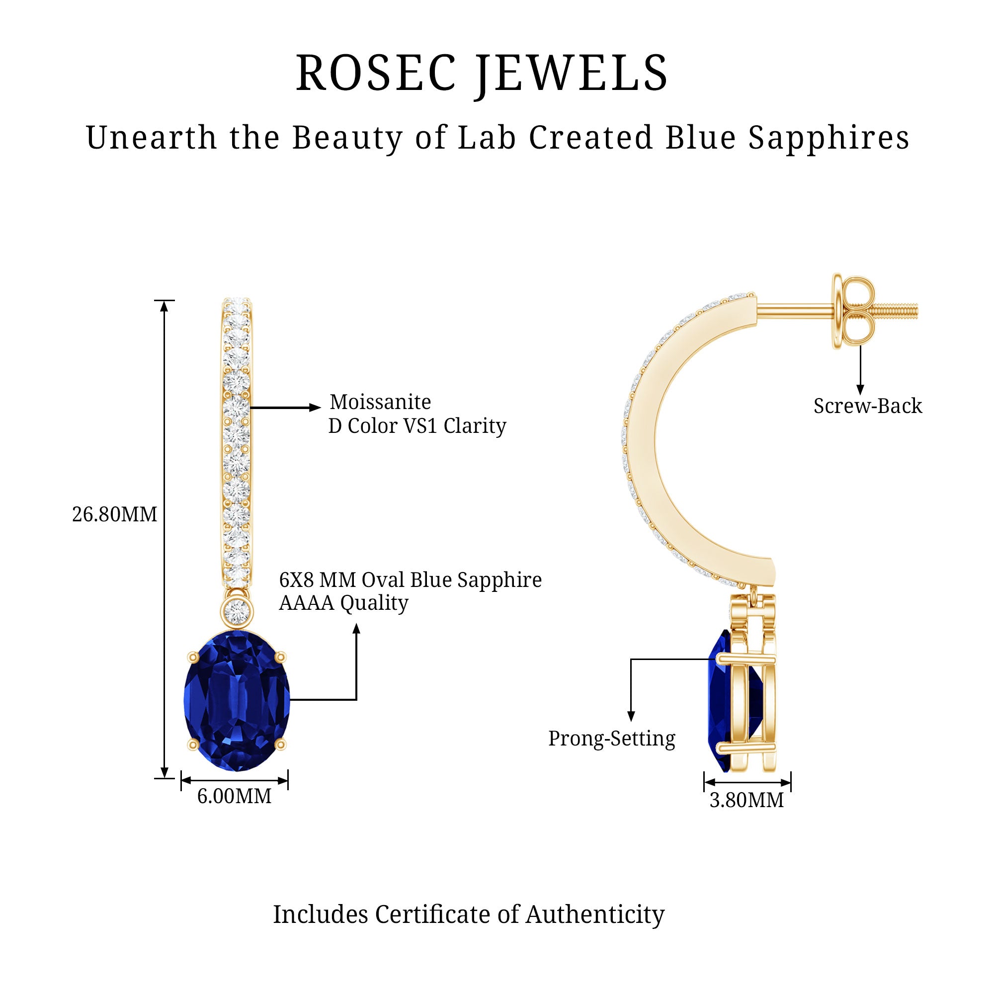 Oval Lab Created Blue Sapphire and Moissanite Hoop Drop Earrings AAAA - Rosec Jewels