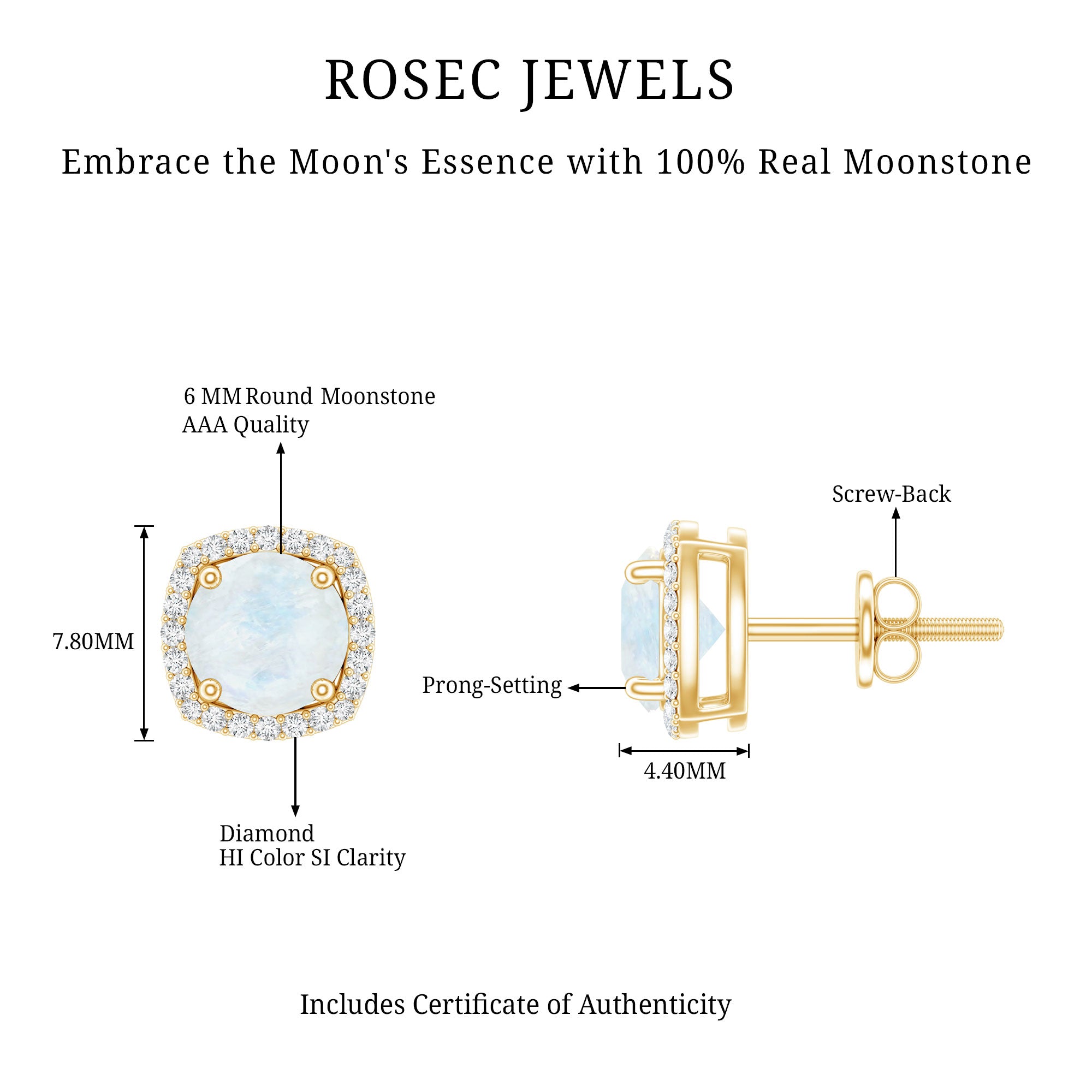 Natural 0.7 Carat Moonstone Stud Earrings with Diamond Halo AAA - Rosec Jewels