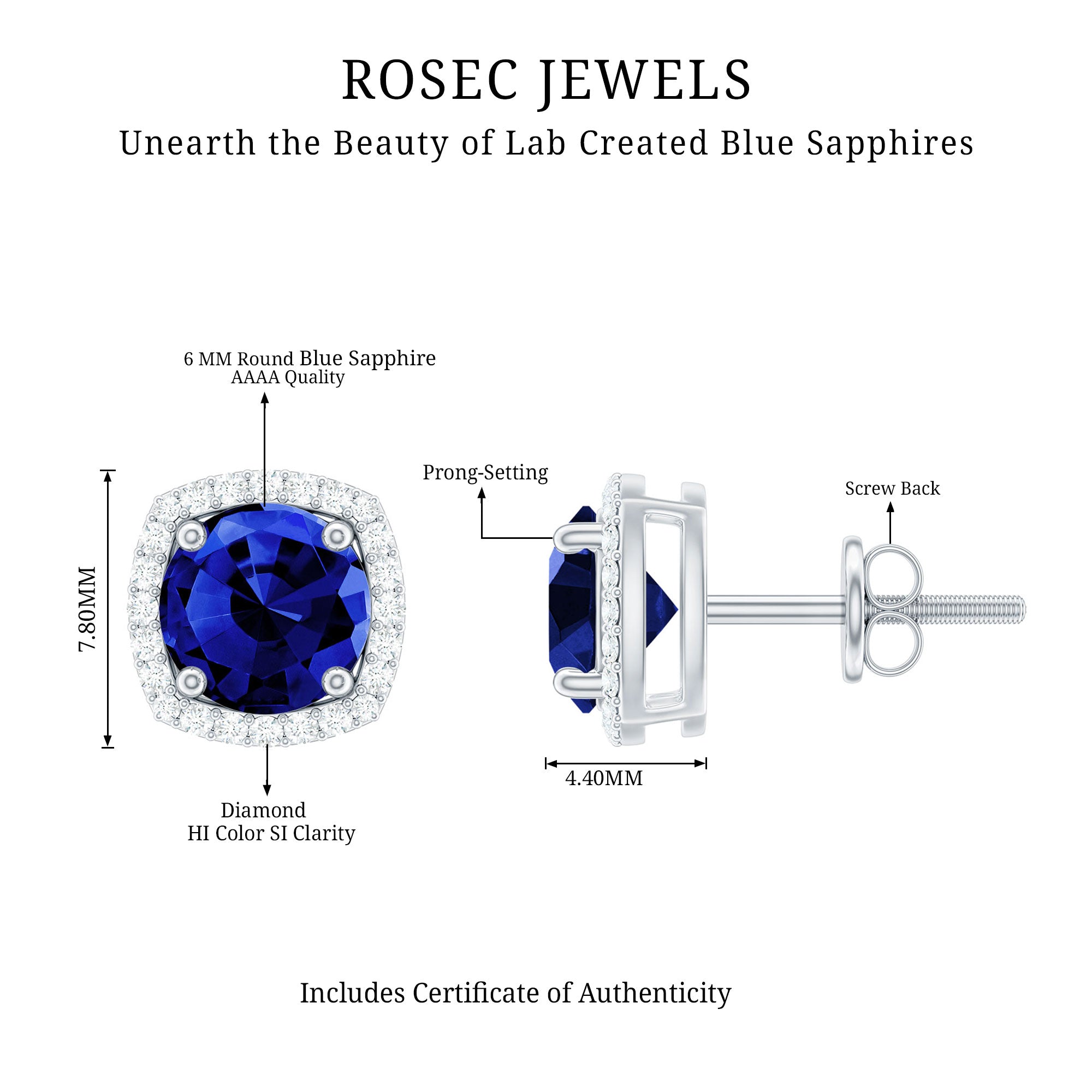Certified Lab Grown Blue Sapphire and Diamond Halo Stud Earrings AAAA - Rosec Jewels