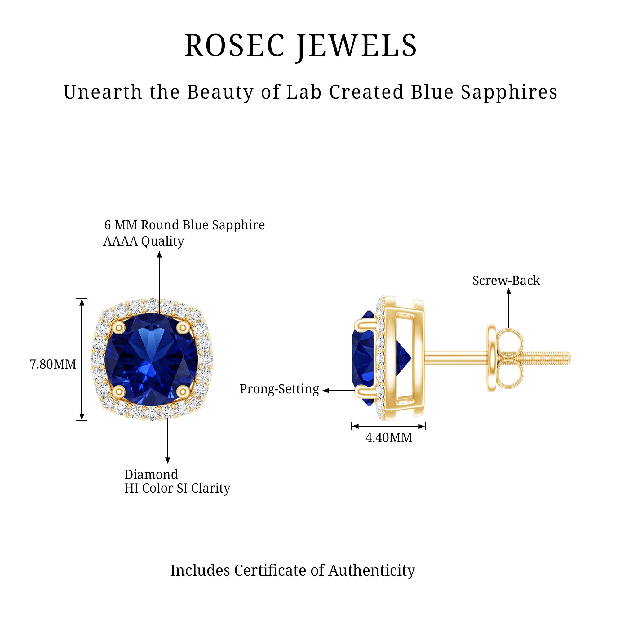 Certified Lab Grown Blue Sapphire and Diamond Halo Stud Earrings AAAA - Rosec Jewels