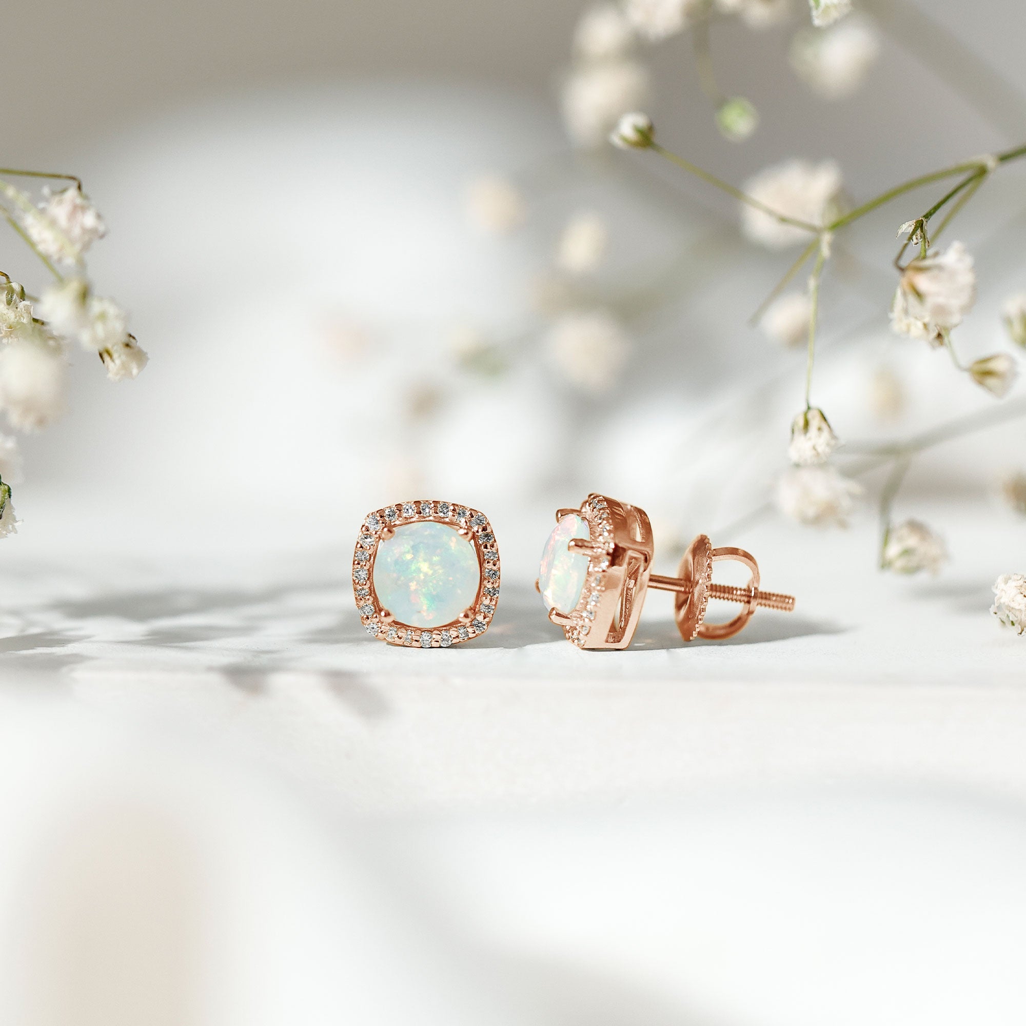 Real 1.6 Carat Ethiopian Opal and Diamond Halo Stud Earrings AAA - Rosec Jewels