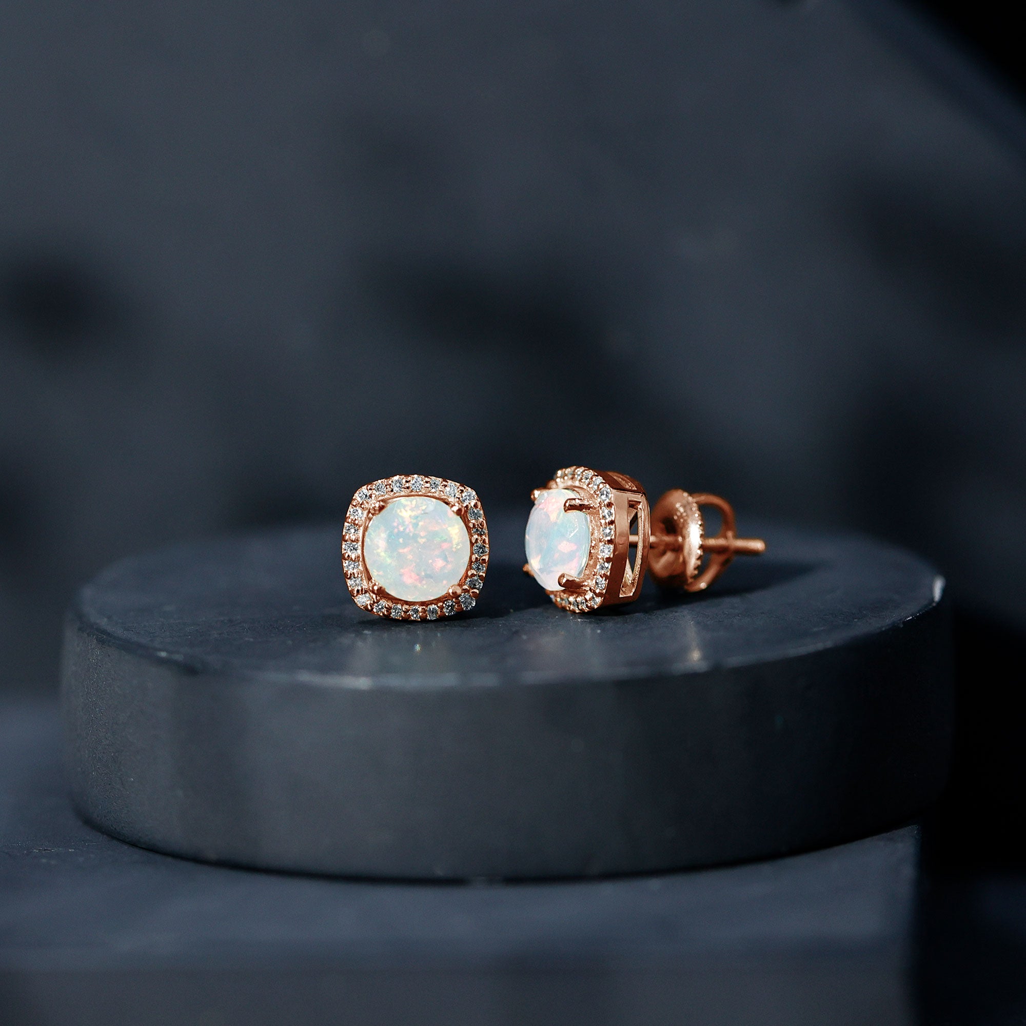 Real 1.6 Carat Ethiopian Opal and Diamond Halo Stud Earrings AAA - Rosec Jewels