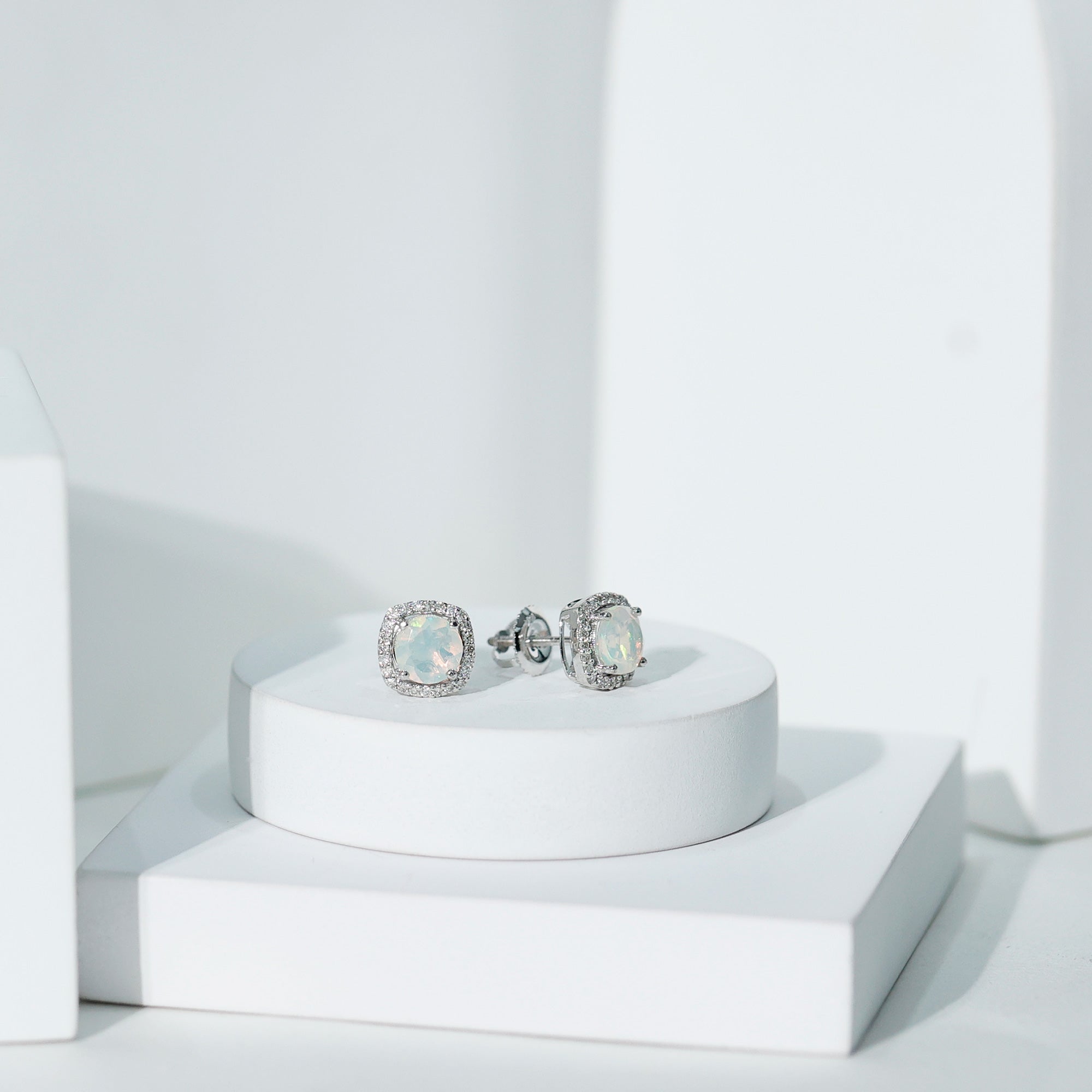 Real 1.6 Carat Ethiopian Opal and Diamond Halo Stud Earrings AAA - Rosec Jewels