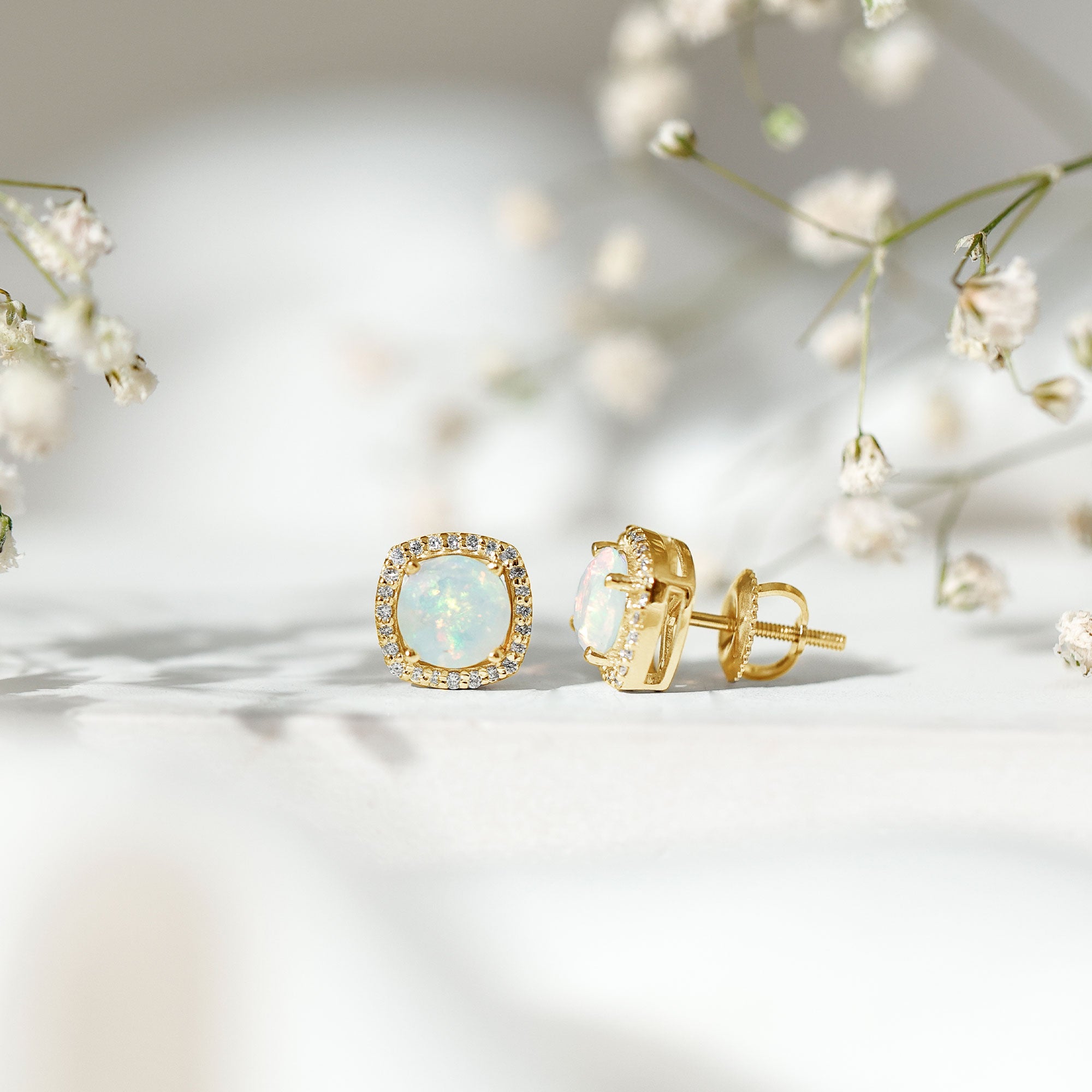 Real 1.6 Carat Ethiopian Opal and Diamond Halo Stud Earrings AAA - Rosec Jewels