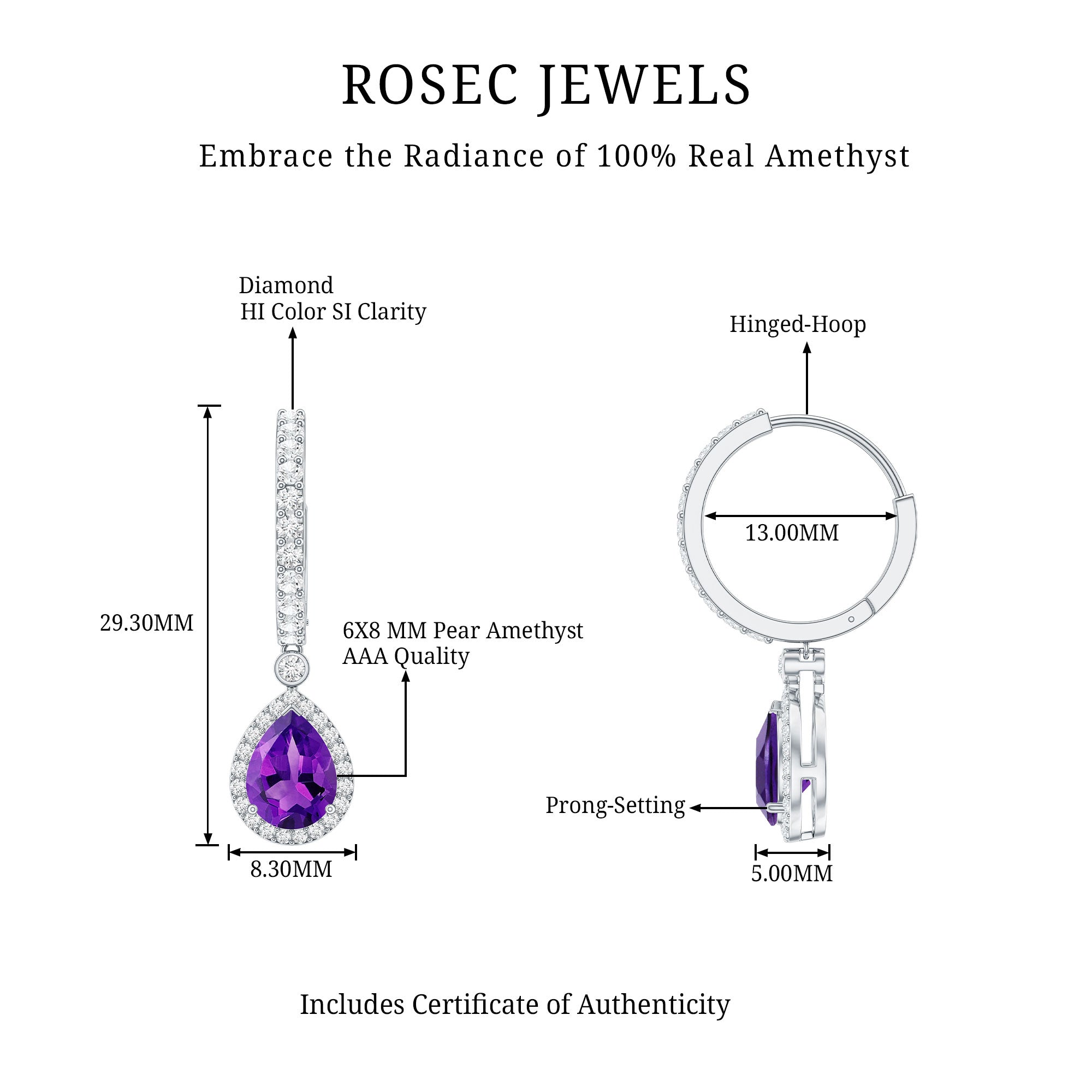 2 Carat Pear Cut Amethyst Hoop Drop Earrings with Diamond Halo AAA - Rosec Jewels