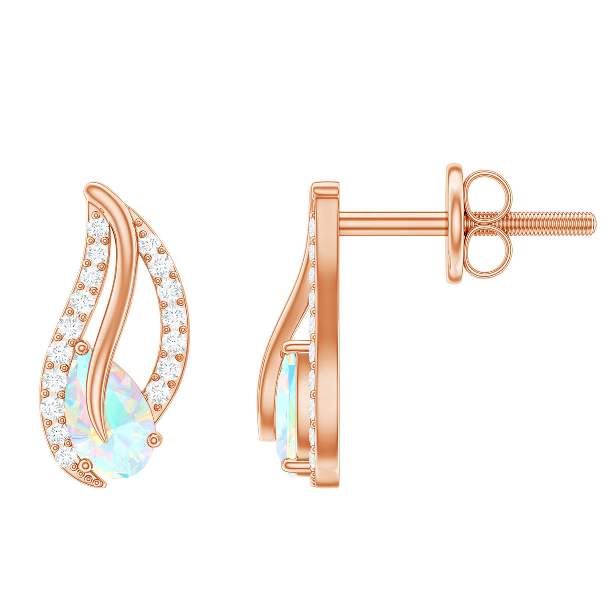 Pear Shape Ethiopian Opal Leaf Stud Earrings with Moissanite AAA - Rosec Jewels