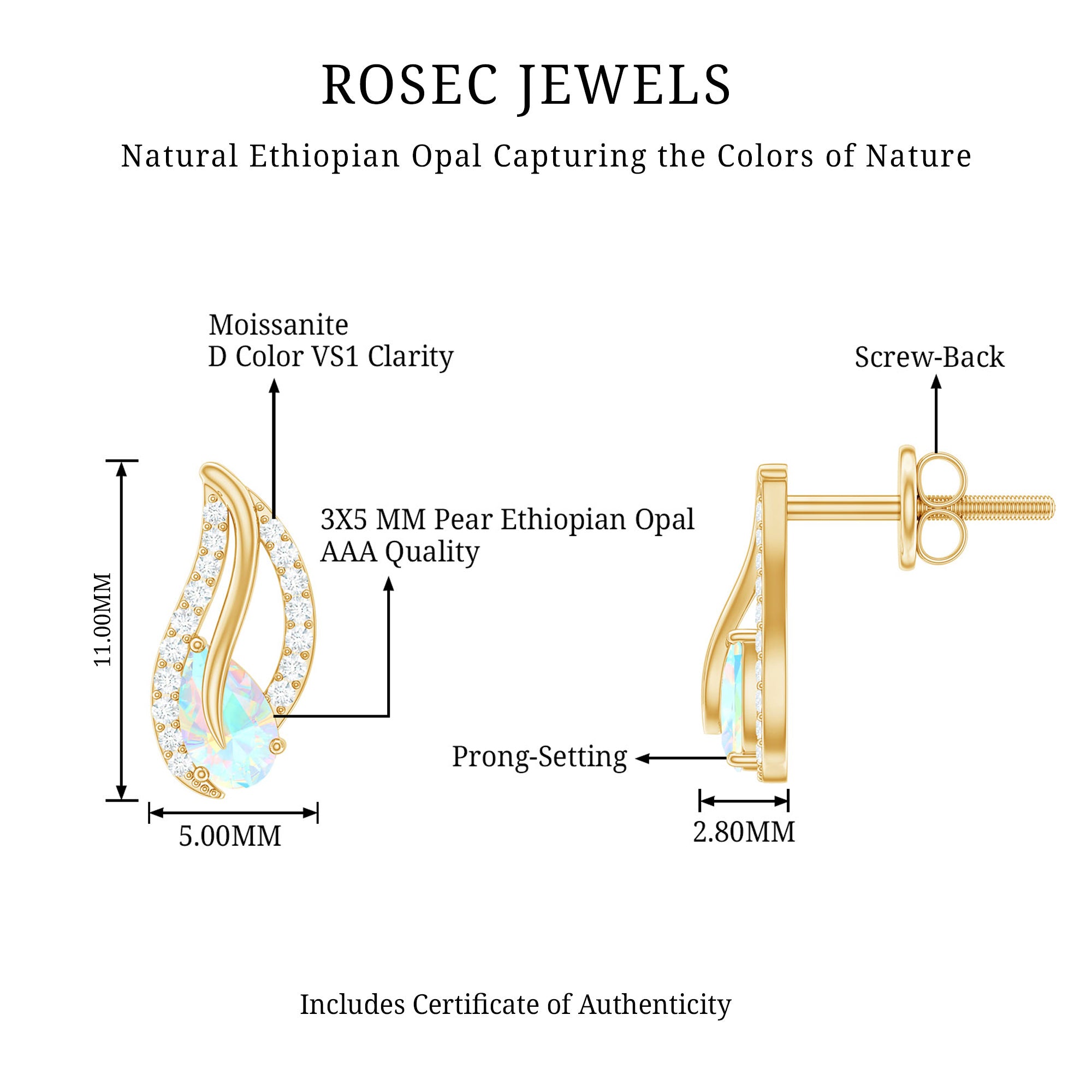 Pear Shape Ethiopian Opal Leaf Stud Earrings with Moissanite AAA - Rosec Jewels