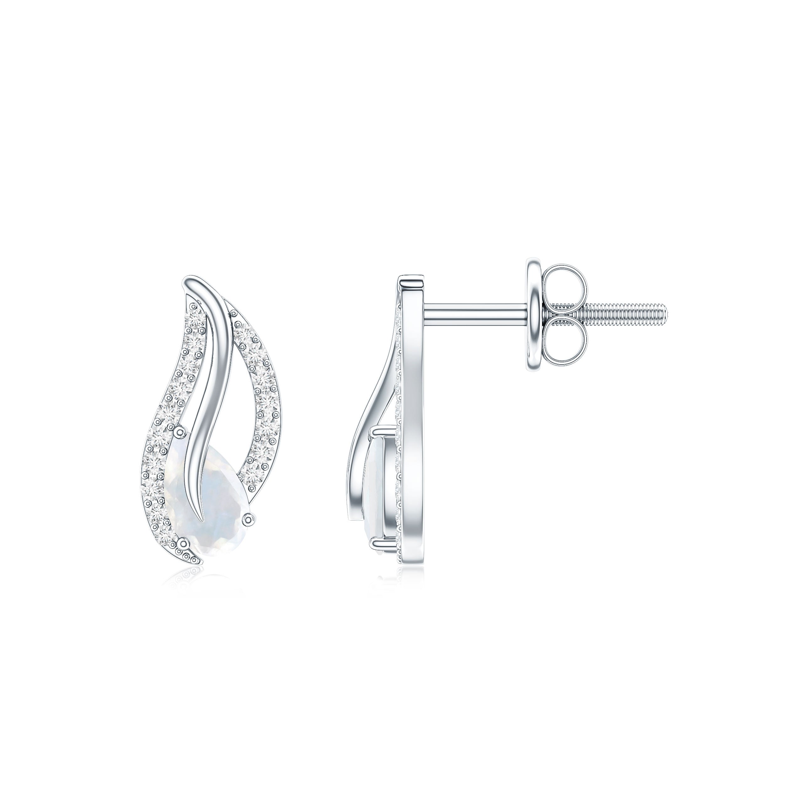 Natural Moonstone Leaf Stud Earrings with Diamond AAA - Rosec Jewels