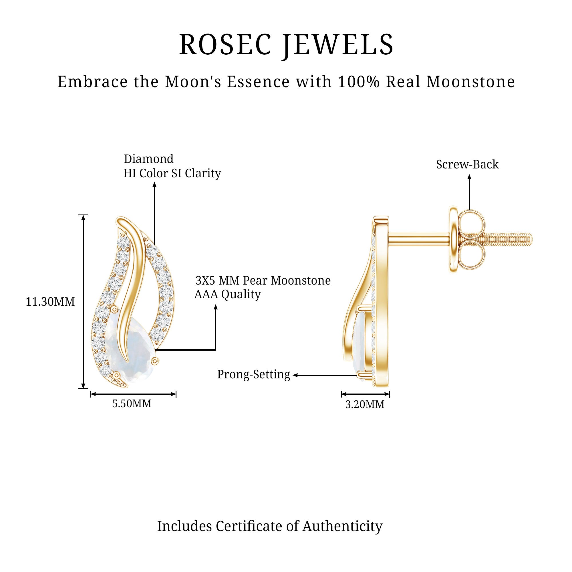 Natural Moonstone Leaf Stud Earrings with Diamond AAA - Rosec Jewels