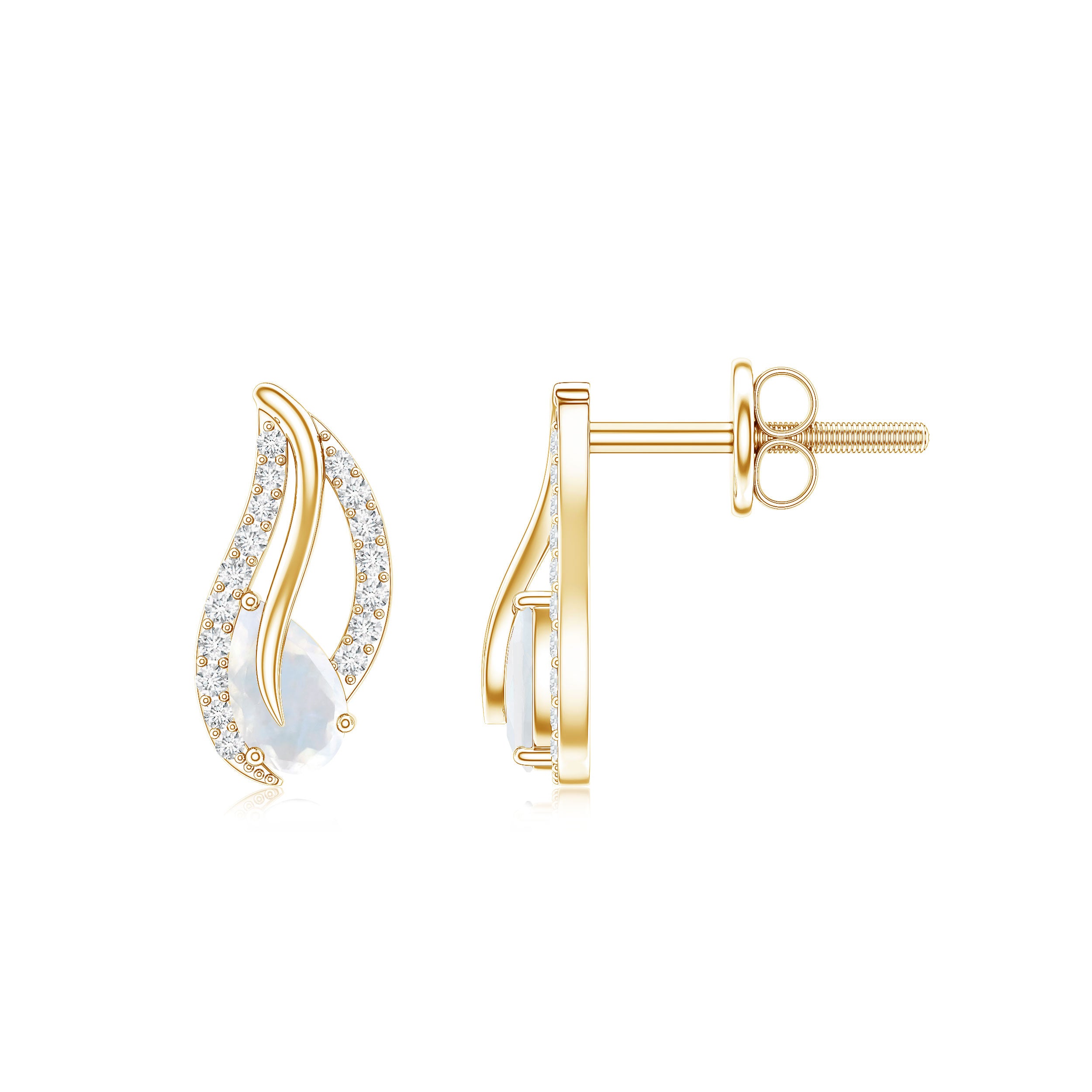 Natural Moonstone Leaf Stud Earrings with Diamond AAA - Rosec Jewels