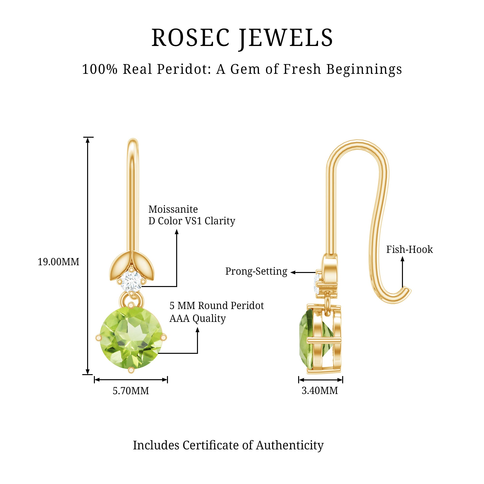 1 Carat Round Peridot and Moissanite Drop Earrings with Fish Hook AAA - Rosec Jewels
