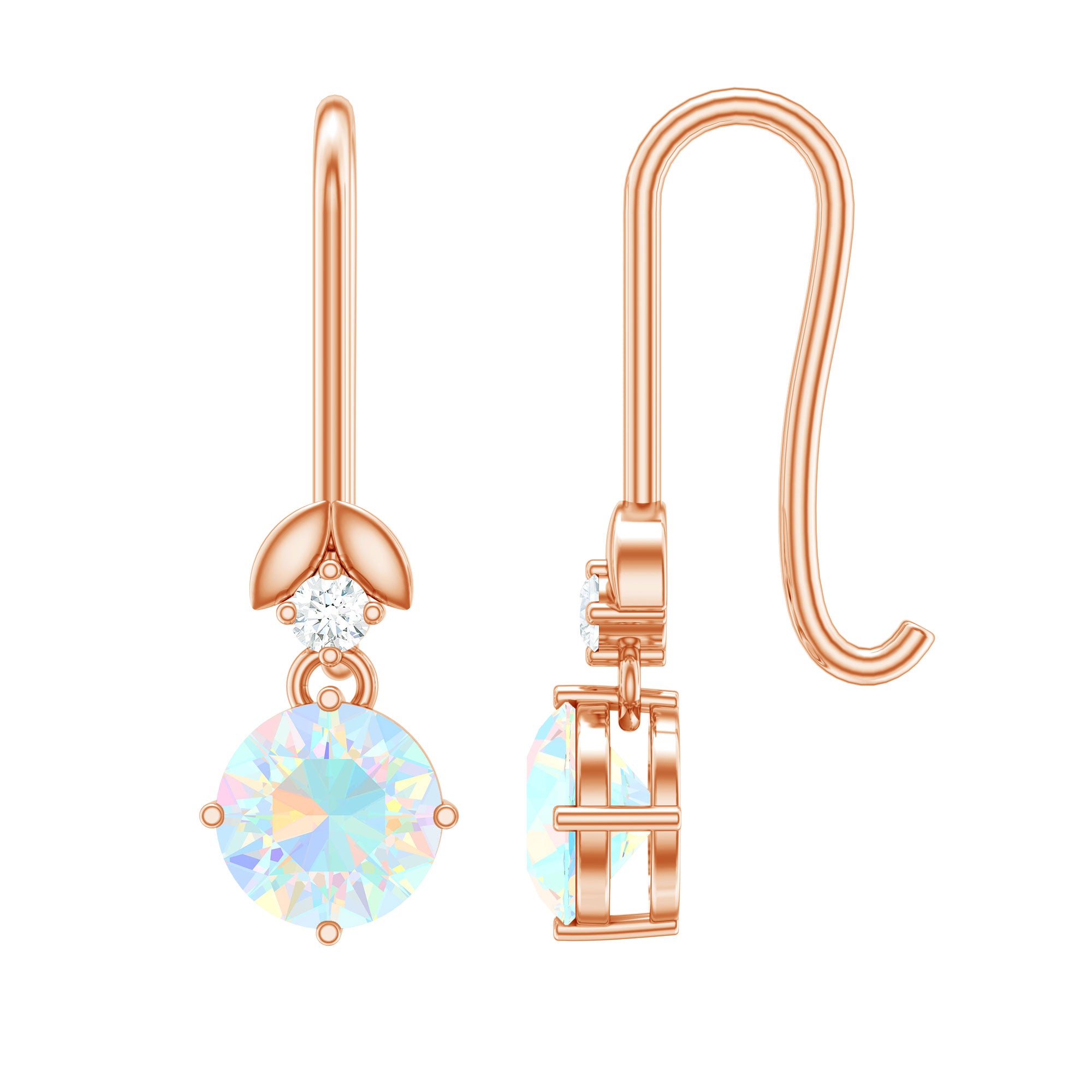 Round Ethiopian Opal and Diamond Drop Earrings with Fish Hook AAA - Rosec Jewels