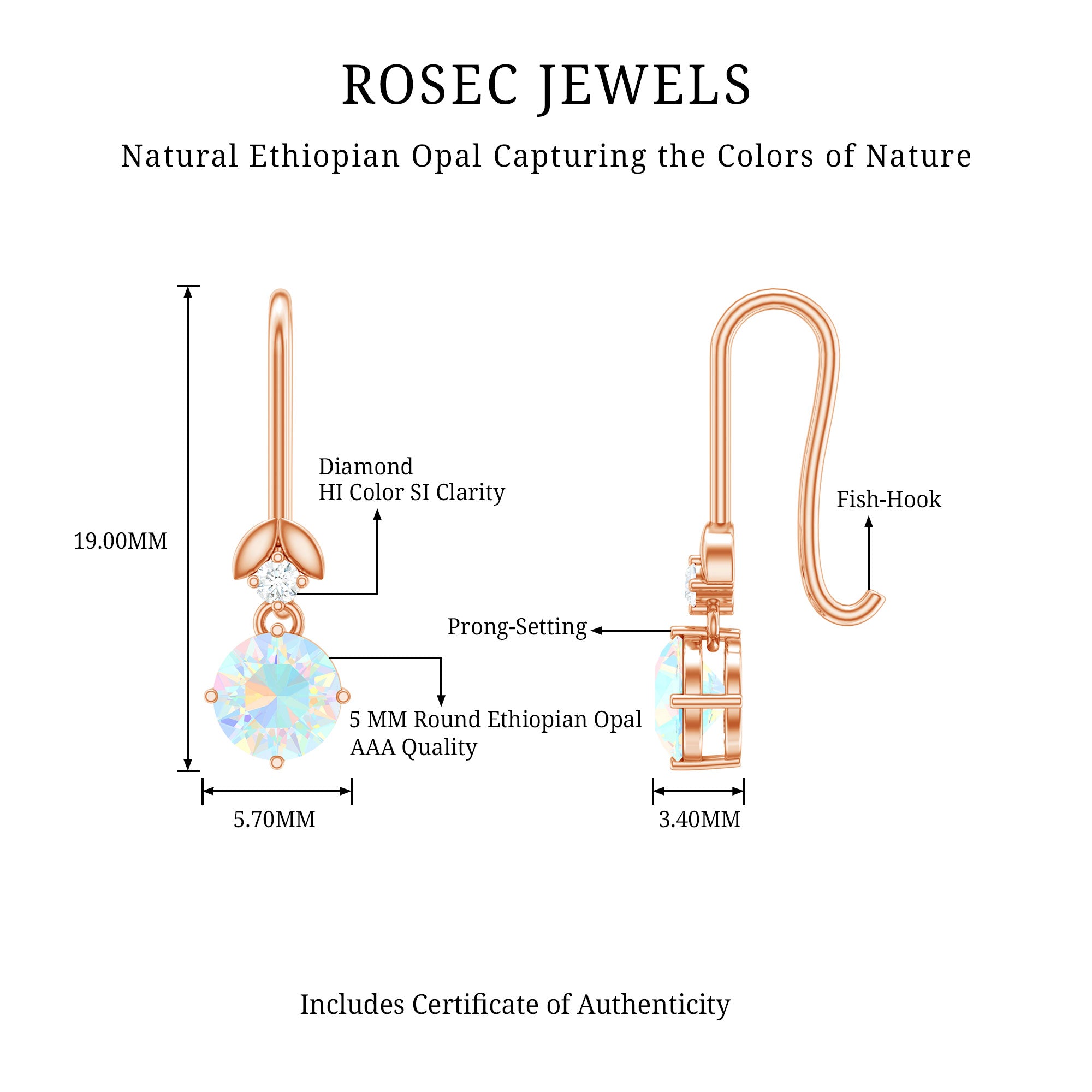 Round Ethiopian Opal and Diamond Drop Earrings with Fish Hook AAA - Rosec Jewels