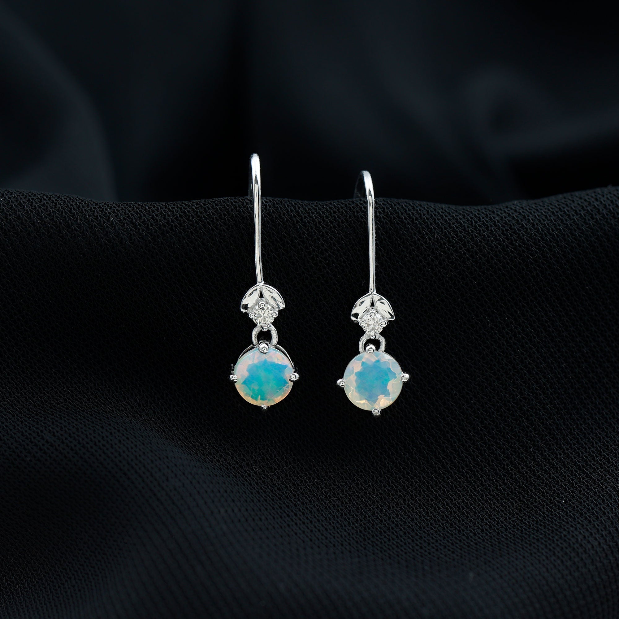Round Ethiopian Opal and Diamond Drop Earrings with Fish Hook AAA - Rosec Jewels