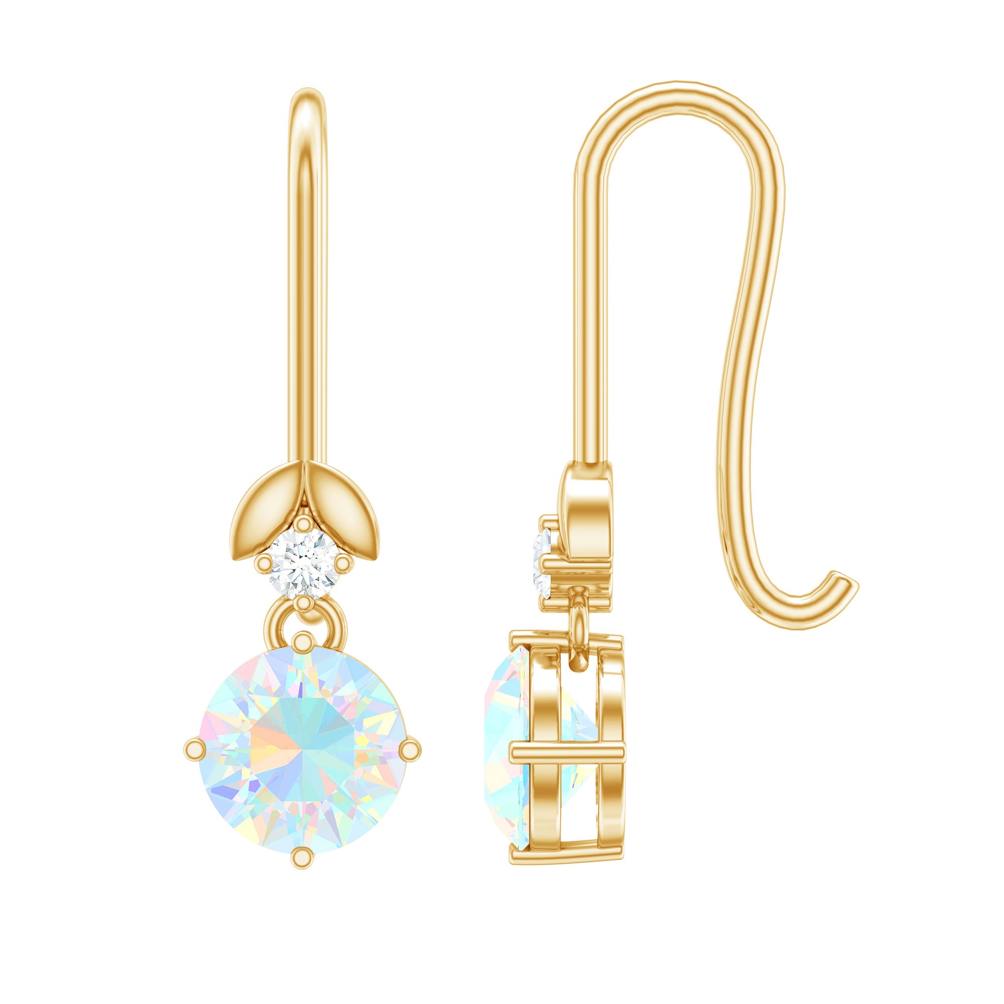 Round Ethiopian Opal and Diamond Drop Earrings with Fish Hook AAA - Rosec Jewels