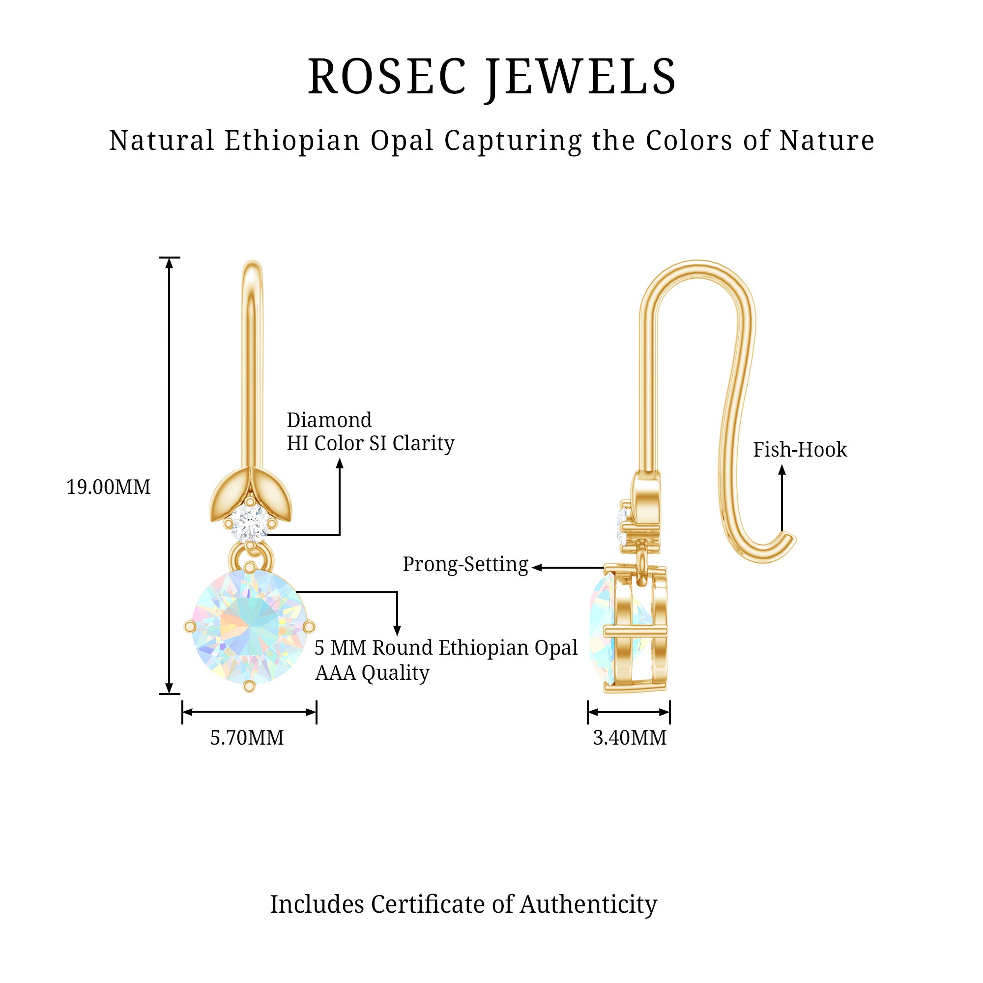 Round Ethiopian Opal and Diamond Drop Earrings with Fish Hook AAA - Rosec Jewels