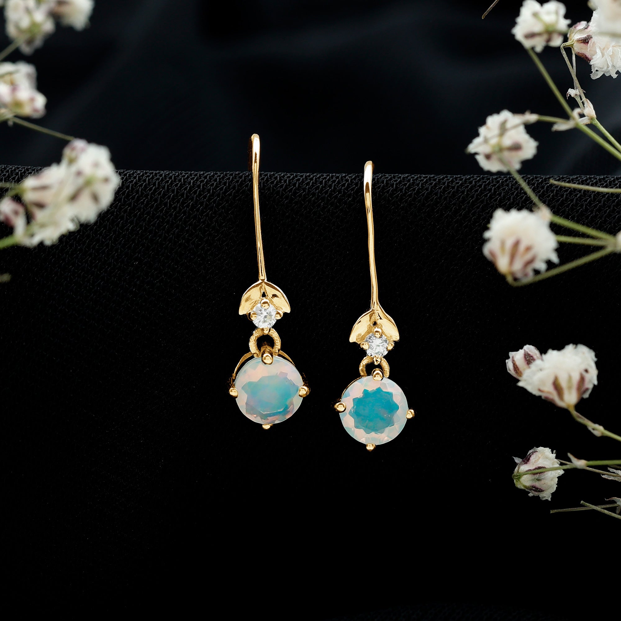 Round Ethiopian Opal and Diamond Drop Earrings with Fish Hook AAA - Rosec Jewels
