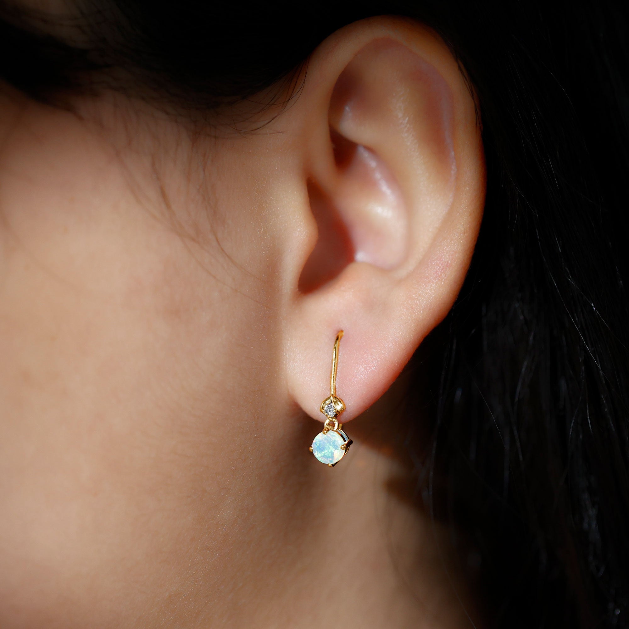Round Ethiopian Opal and Diamond Drop Earrings with Fish Hook AAA - Rosec Jewels