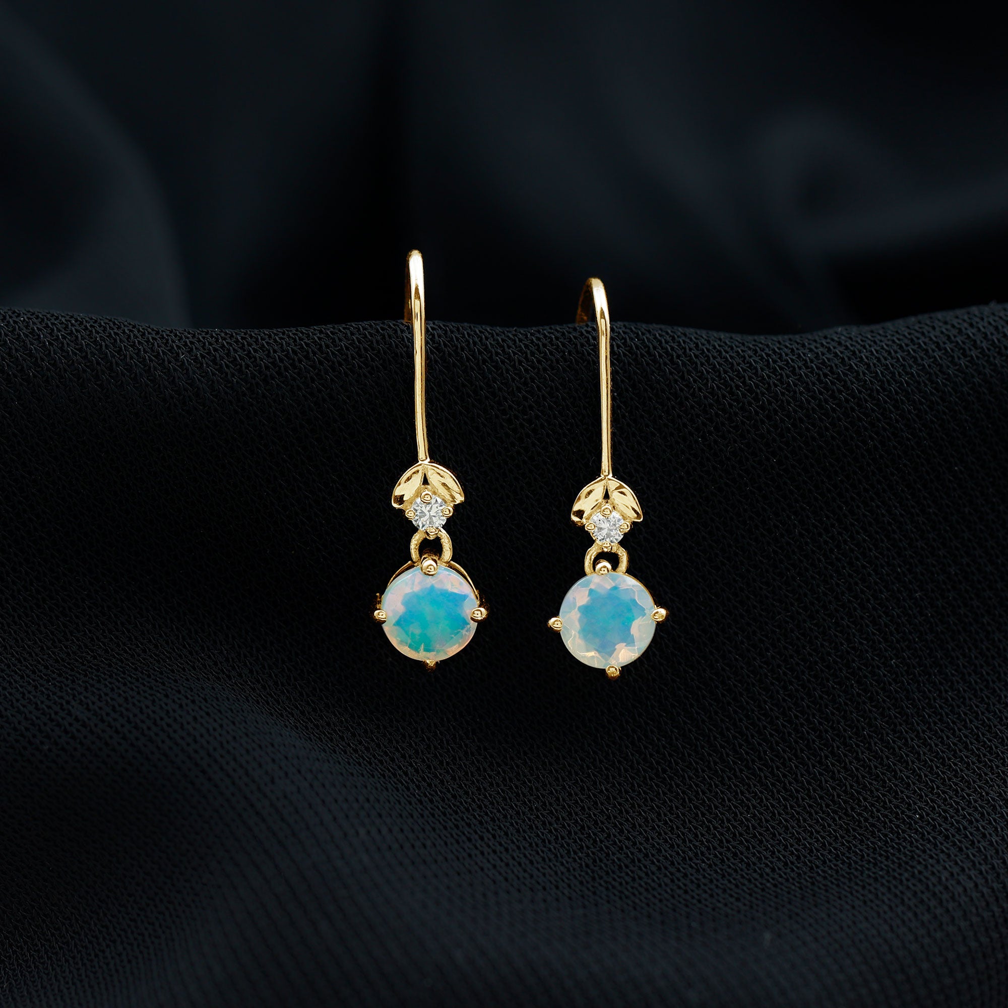 Round Ethiopian Opal and Diamond Drop Earrings with Fish Hook AAA - Rosec Jewels