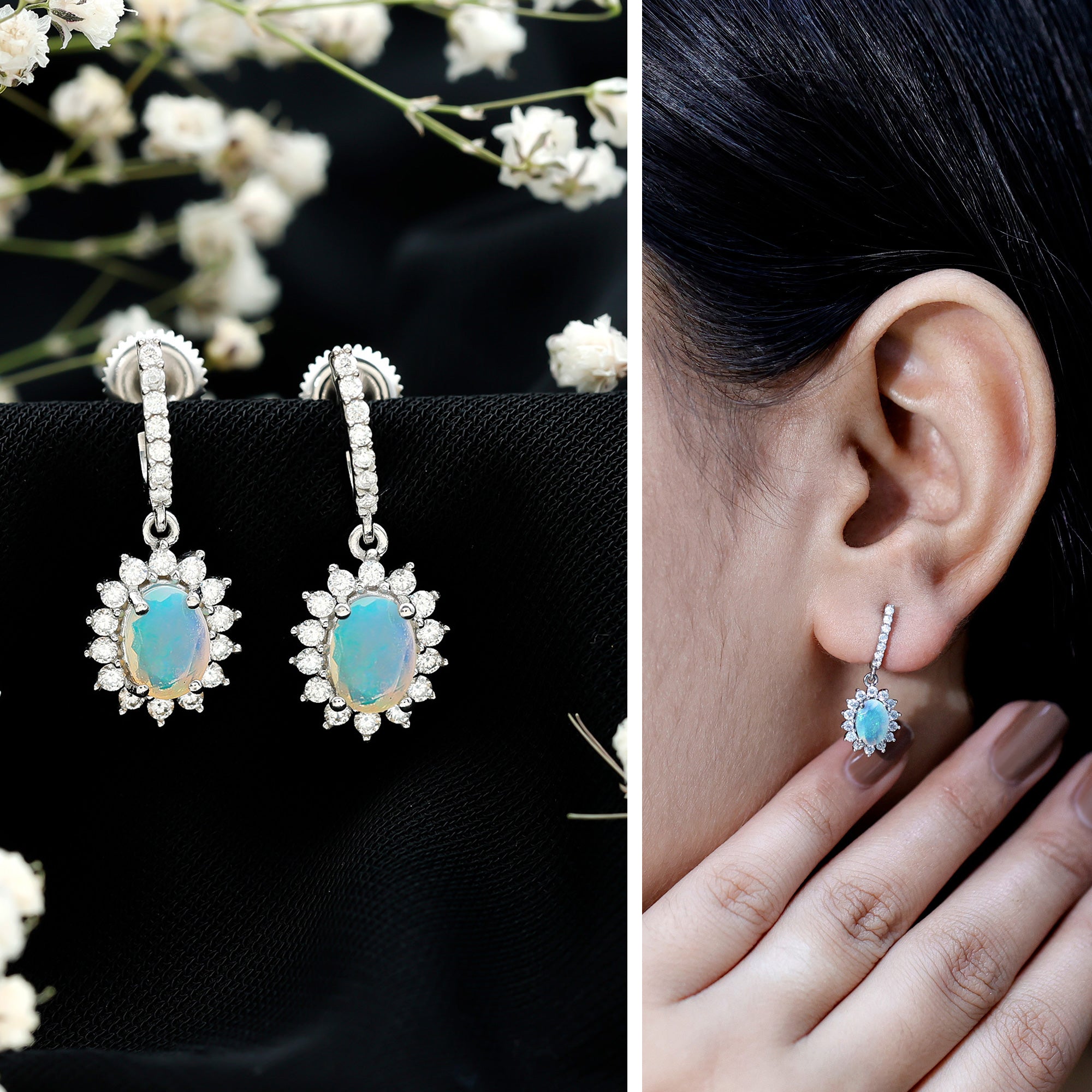 Genuine Ethiopian Opal and Moissanite Hoop Drop Earrings AAA - Rosec Jewels