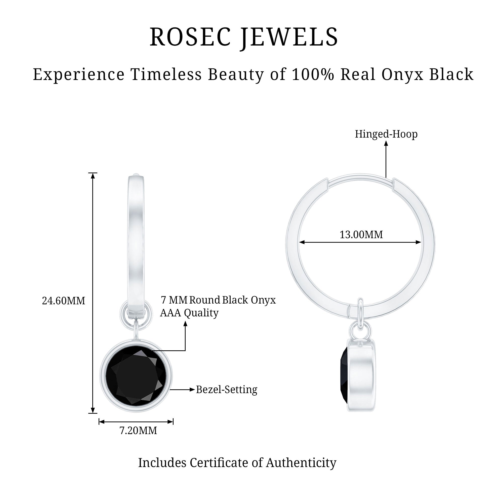 Bezel Set Black Onyx Hinged Hoop Drop Earrings AAA - Rosec Jewels
