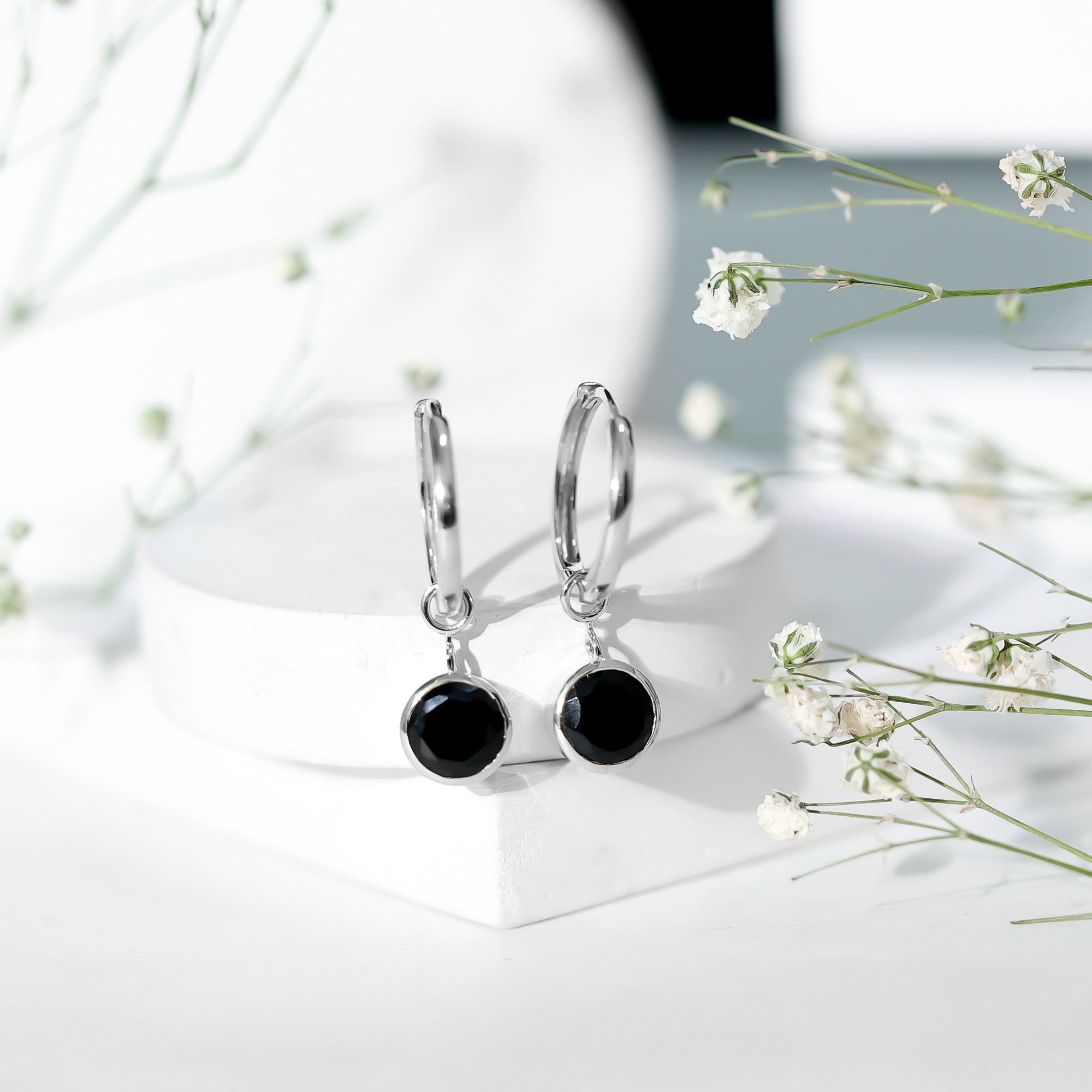 Bezel Set Black Onyx Hinged Hoop Drop Earrings AAA - Rosec Jewels