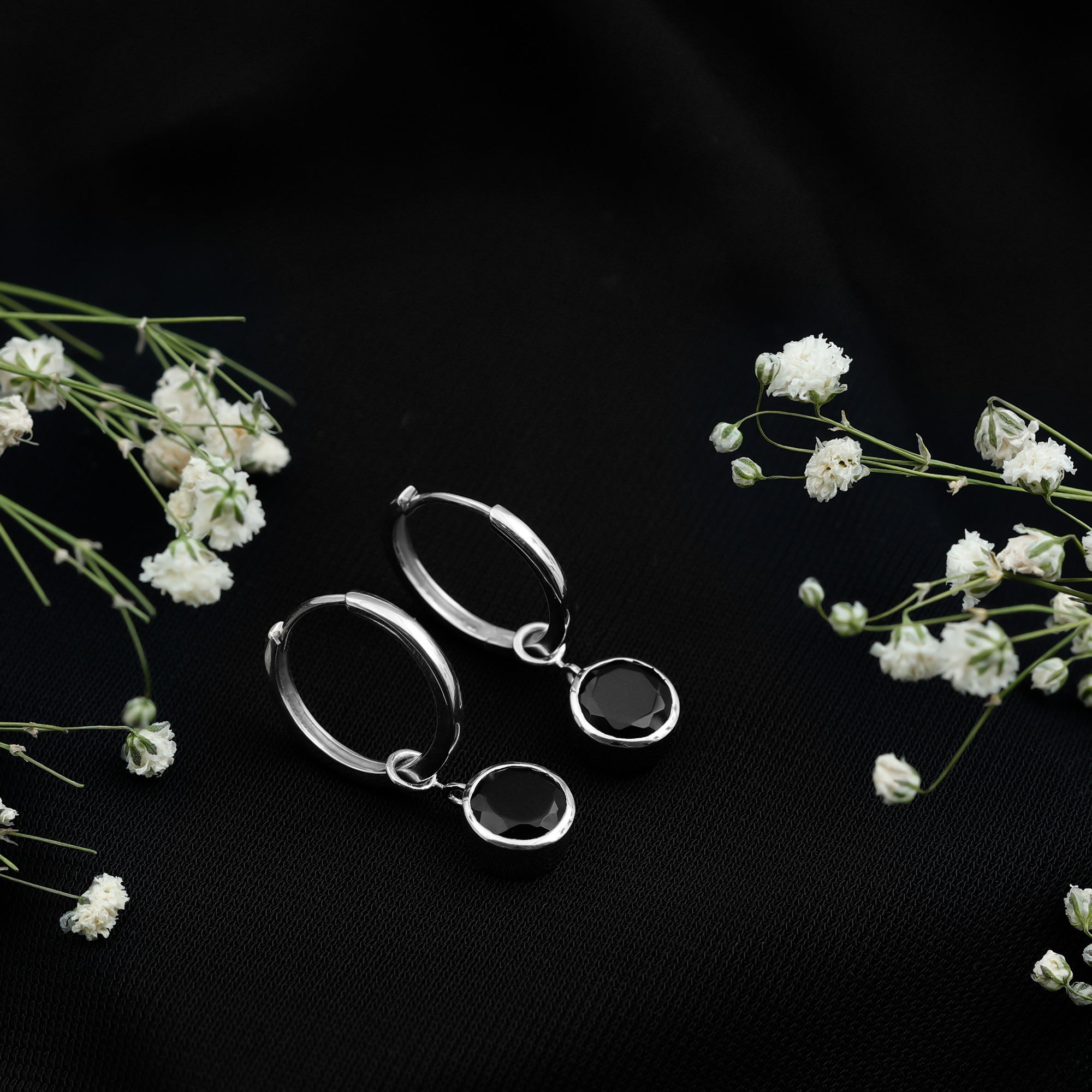 Bezel Set Black Onyx Hinged Hoop Drop Earrings AAA - Rosec Jewels