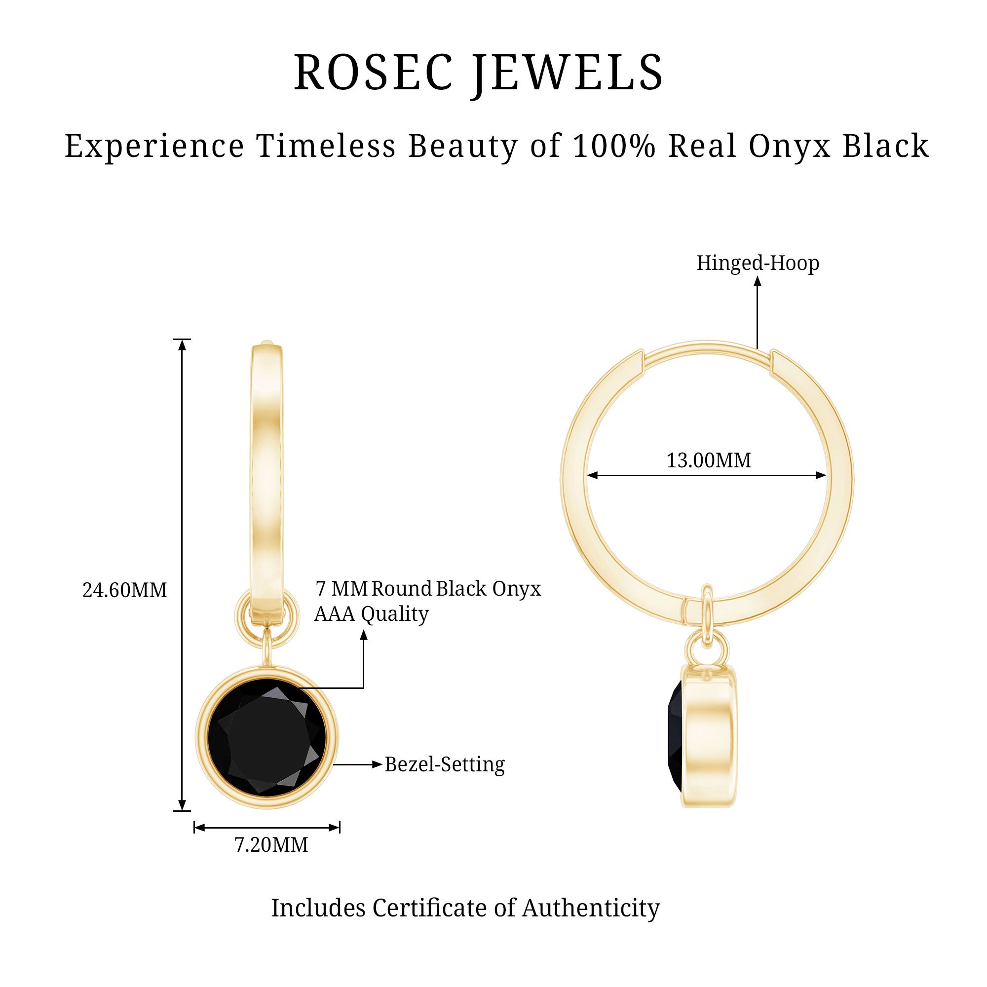 Bezel Set Black Onyx Hinged Hoop Drop Earrings AAA - Rosec Jewels