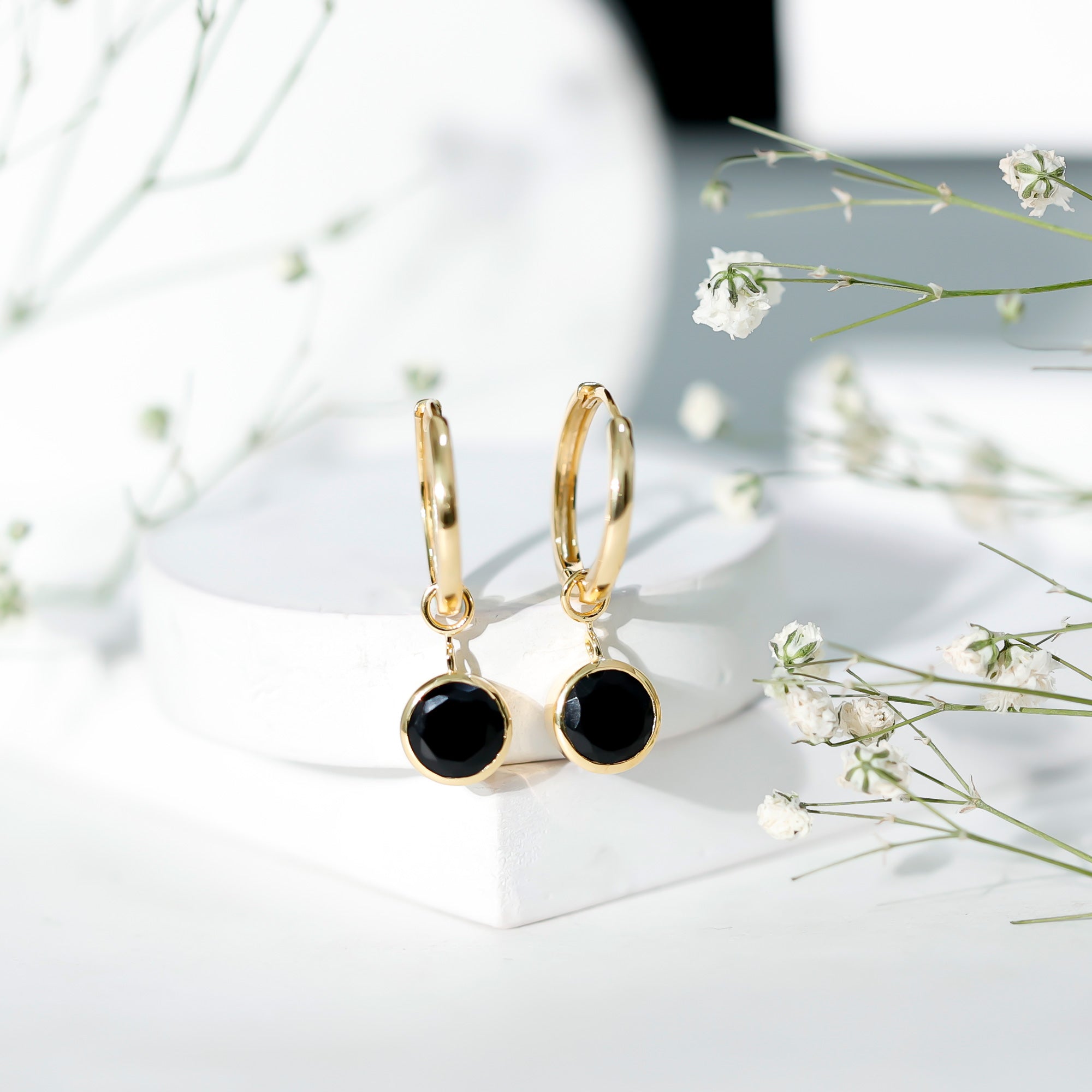 Bezel Set Black Onyx Hinged Hoop Drop Earrings AAA - Rosec Jewels