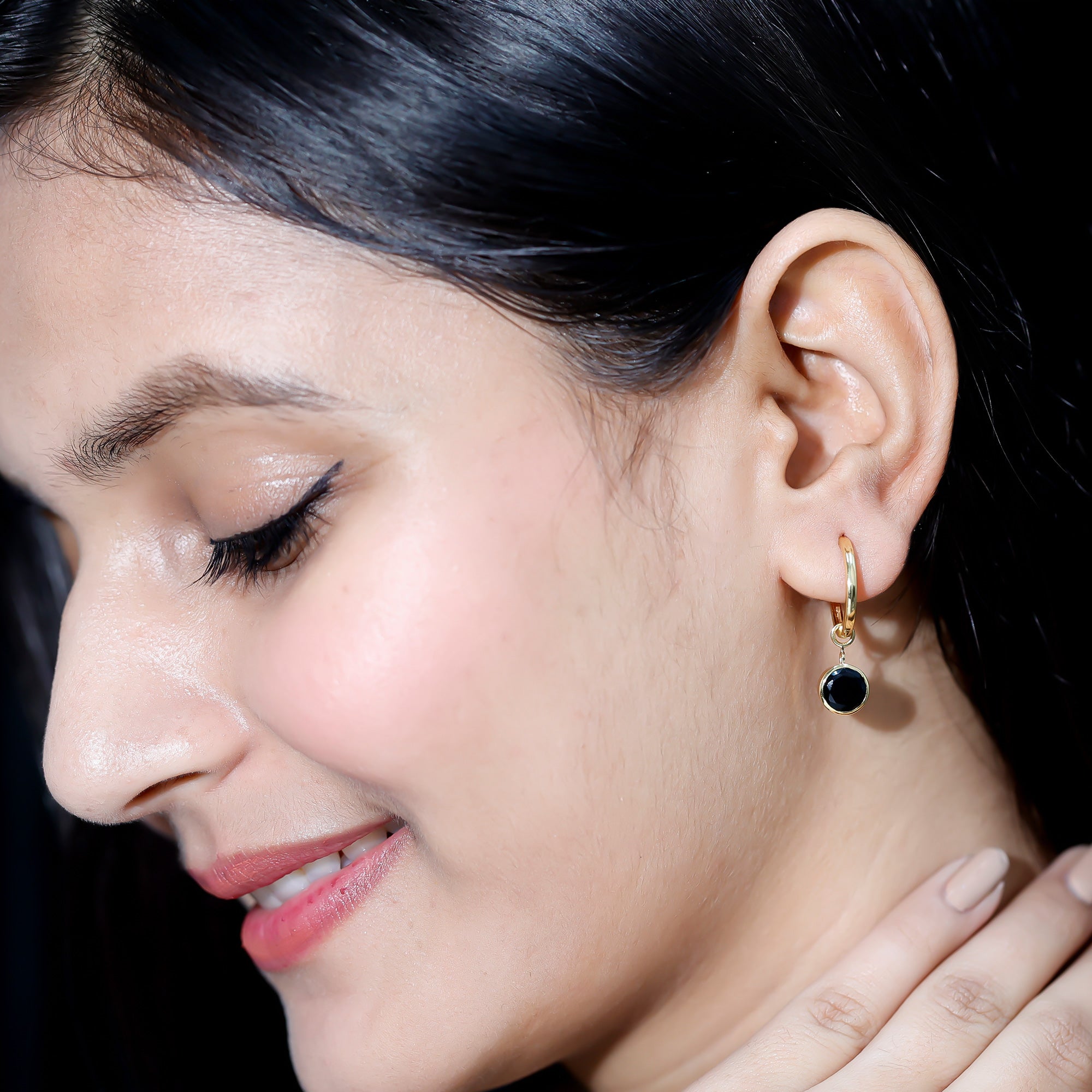 Bezel Set Black Onyx Hinged Hoop Drop Earrings AAA - Rosec Jewels