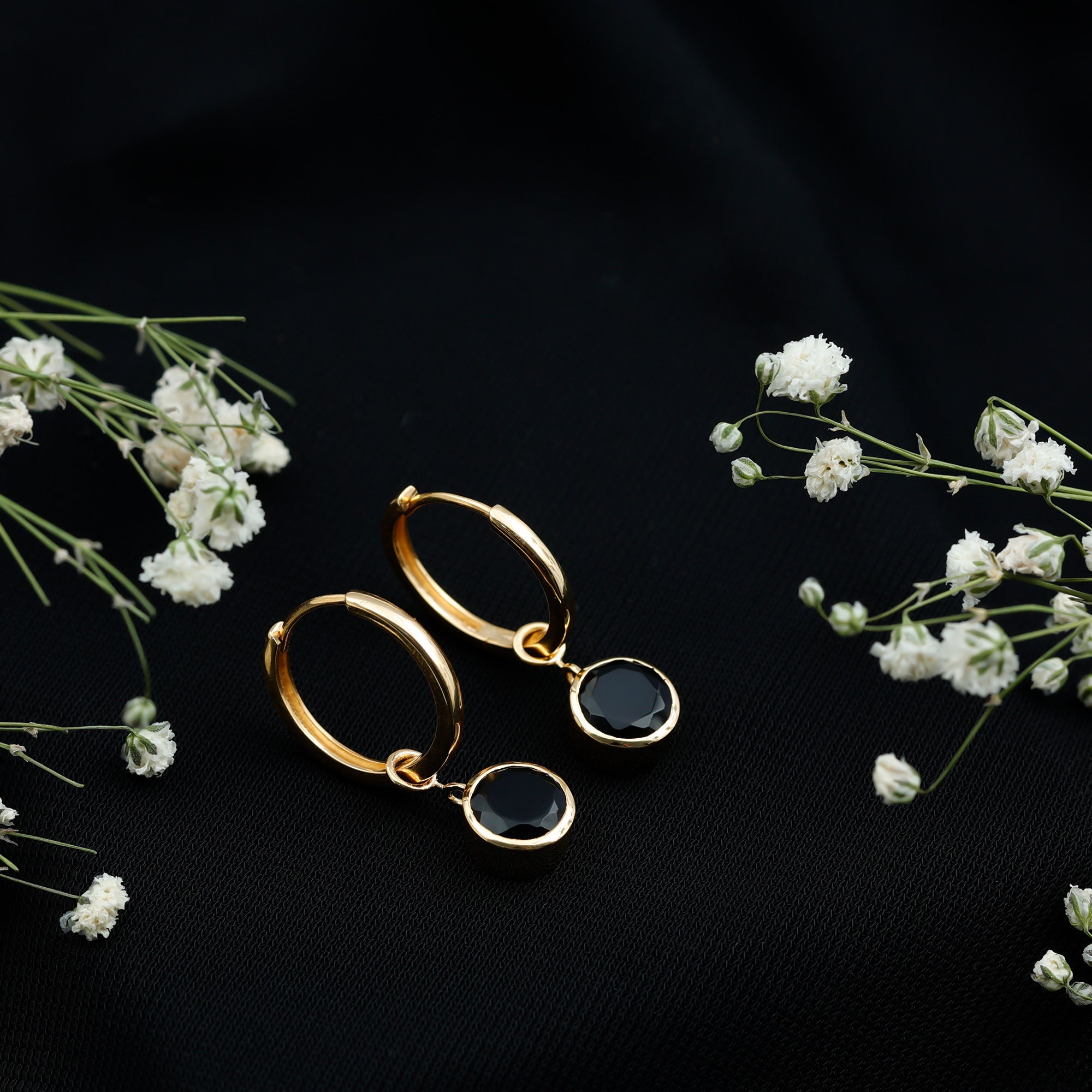 Bezel Set Black Onyx Hinged Hoop Drop Earrings AAA - Rosec Jewels