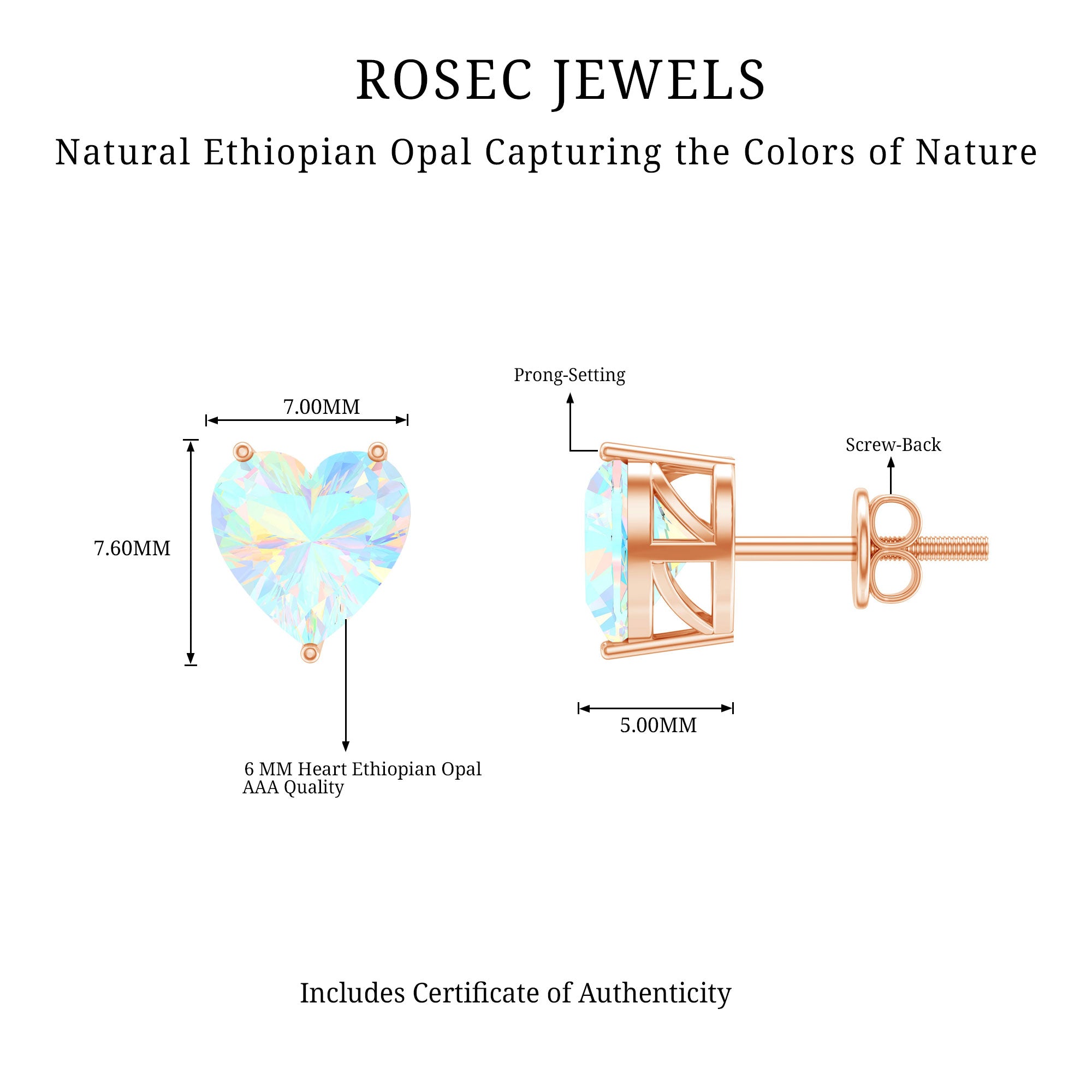 1.5 Carat Heart Shape Real Ethiopian Opal Stud Earrings AAA - Rosec Jewels