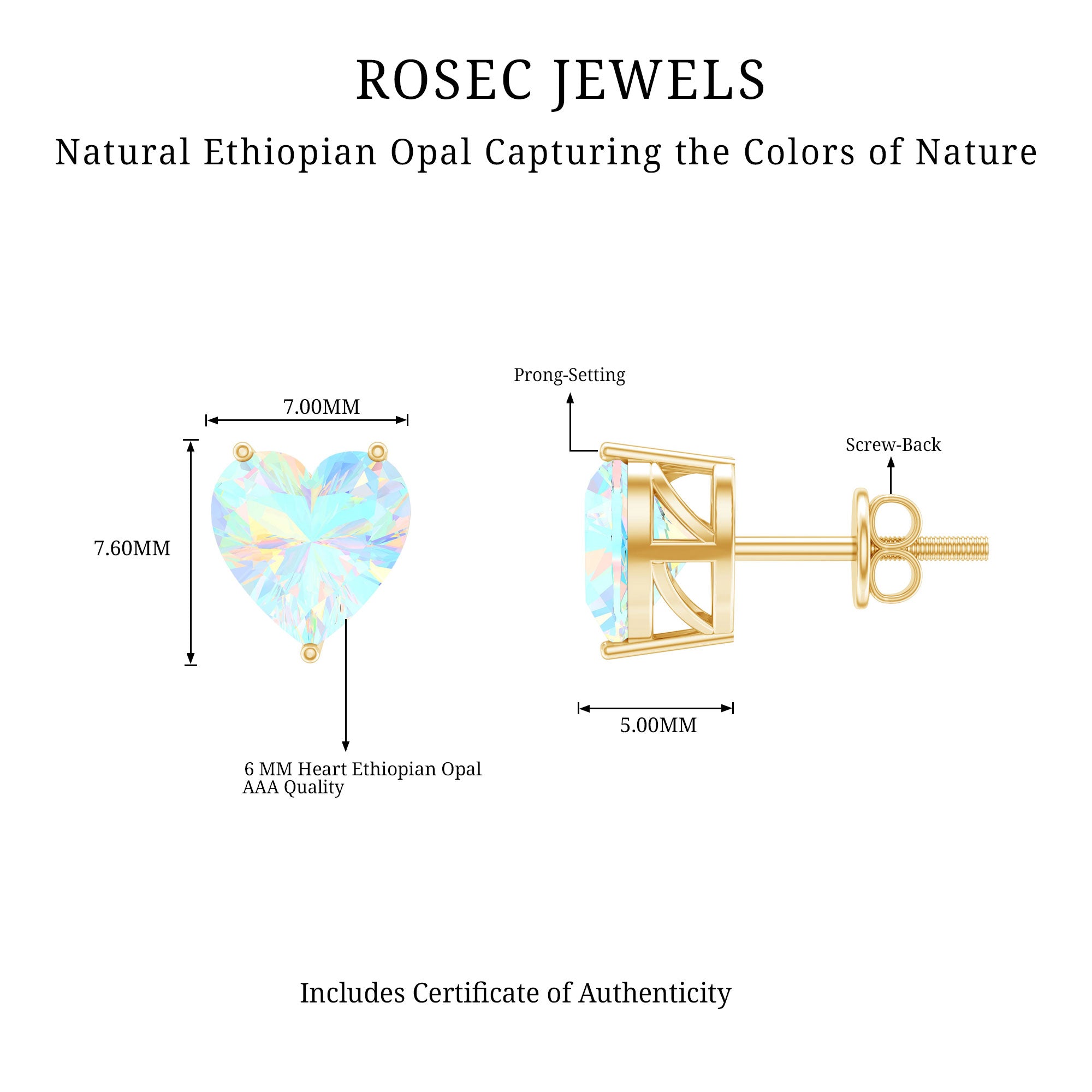 1.5 Carat Heart Shape Real Ethiopian Opal Stud Earrings AAA - Rosec Jewels