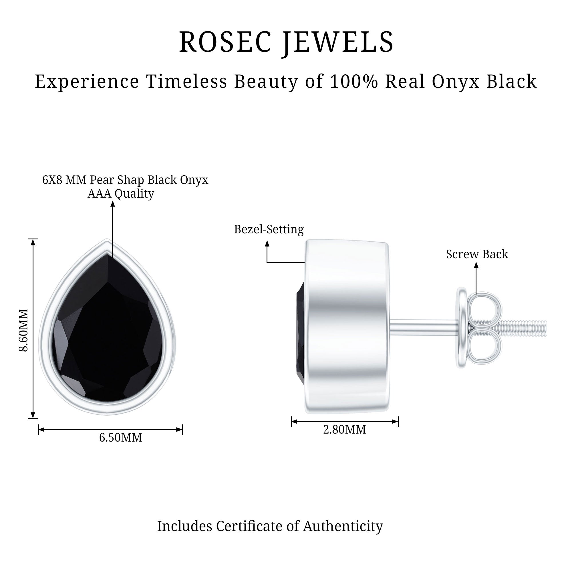 Genuine Black Onyx Teardrop Stud Earrings in Bezel Set AAA - Rosec Jewels