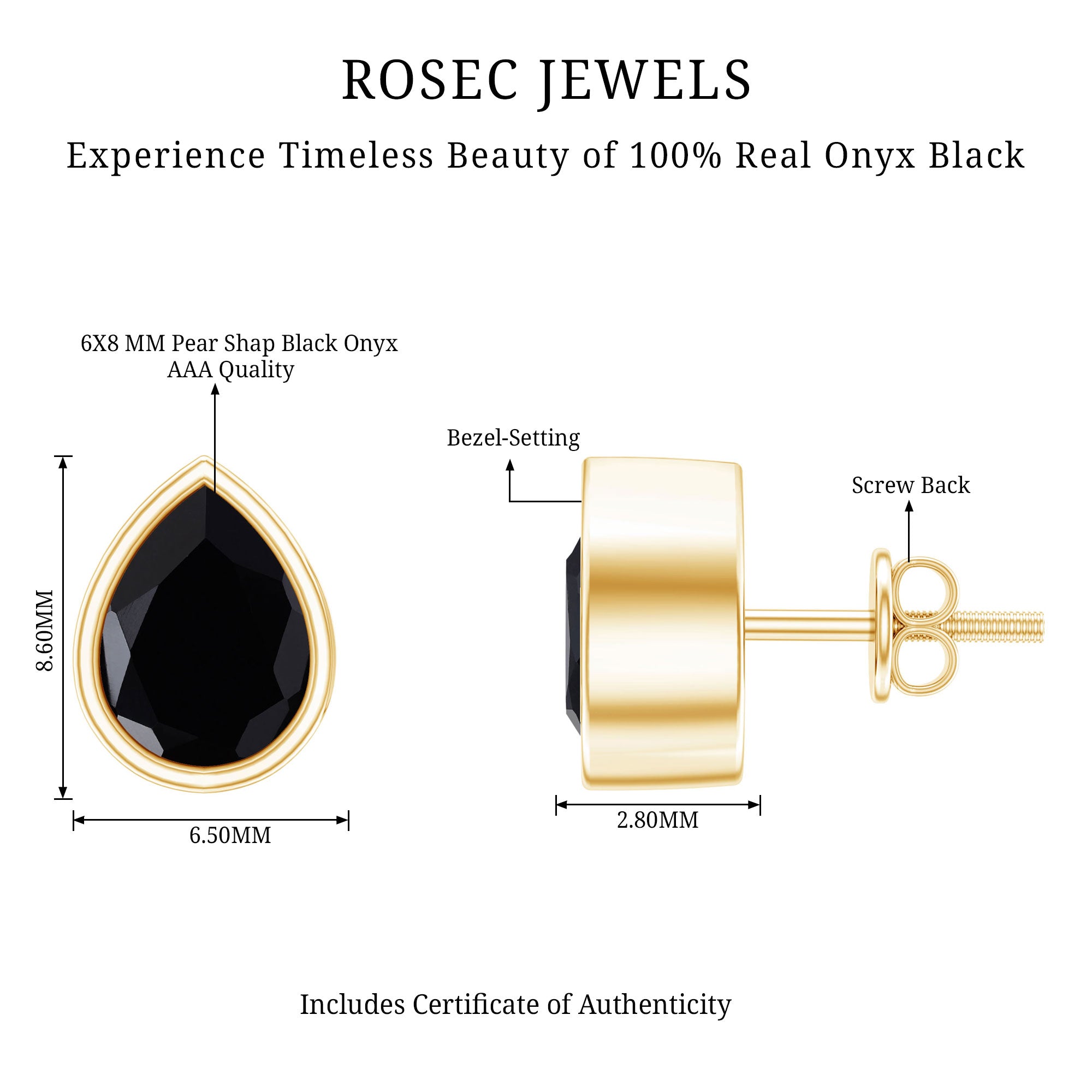 Genuine Black Onyx Teardrop Stud Earrings in Bezel Set AAA - Rosec Jewels