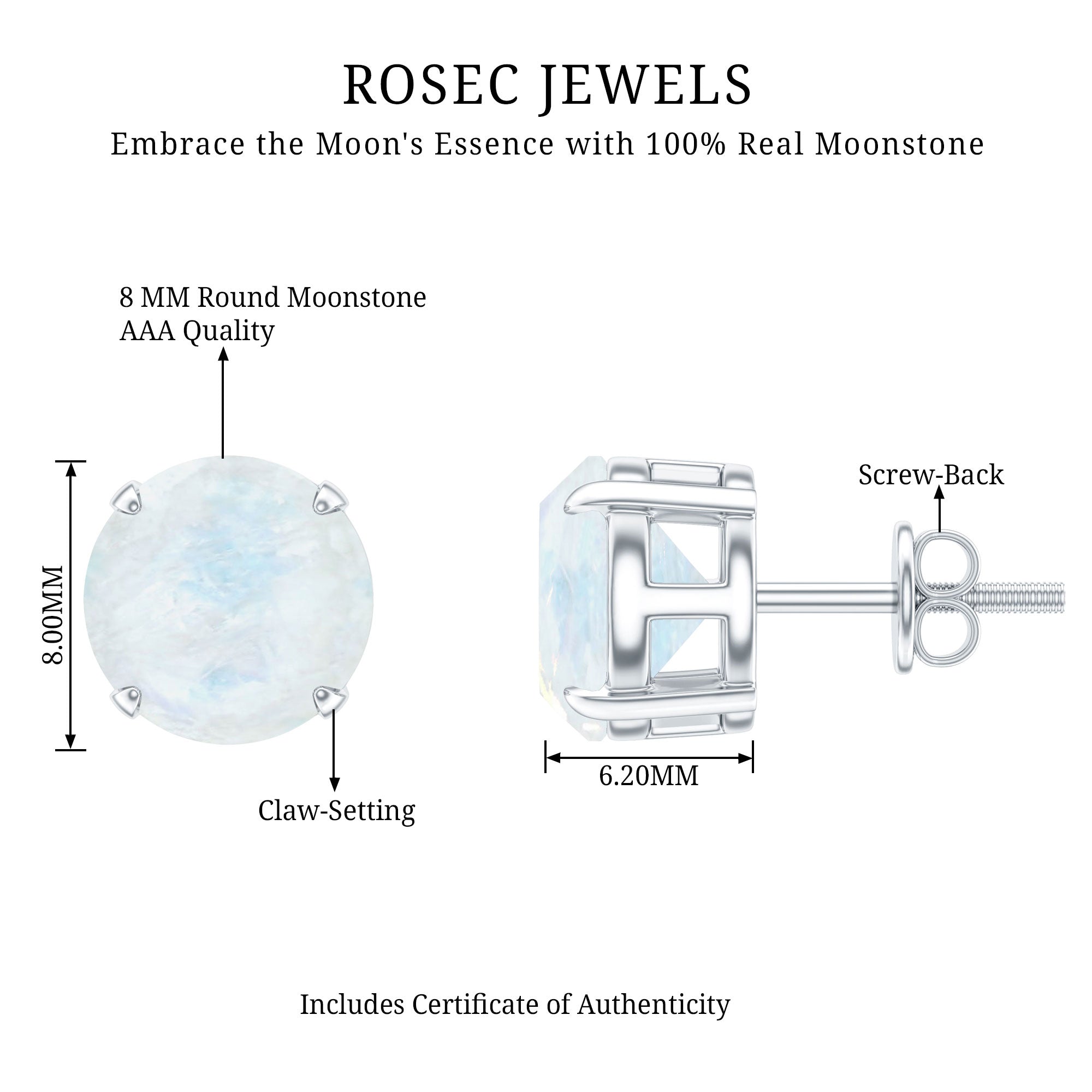 Claw Set Solitaire Moonstone Stud Earrings AAA - Rosec Jewels