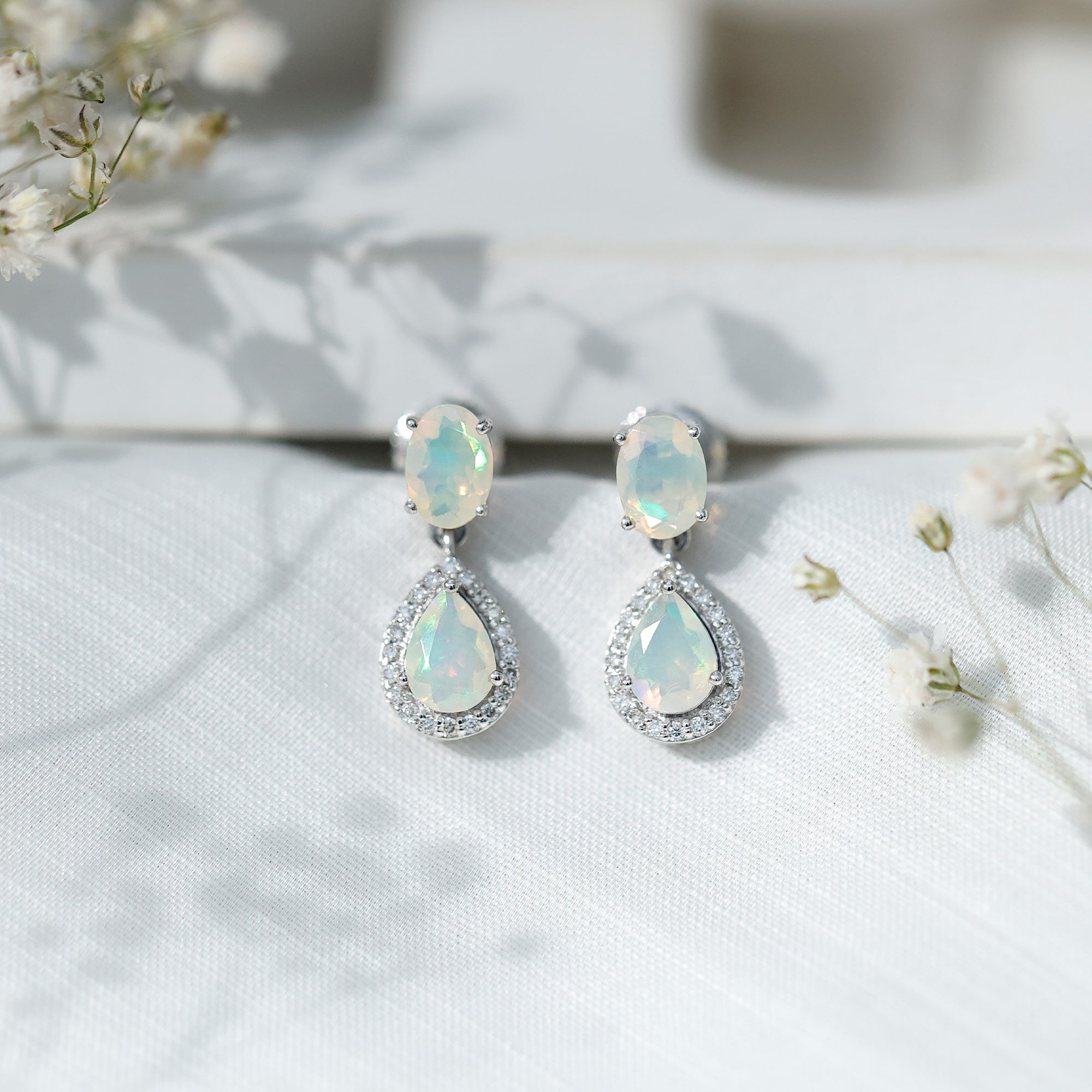 Genuine 3 Carat Ethiopian Opal Drop Dangle Earrings with Diamond Halo AAA - Rosec Jewels