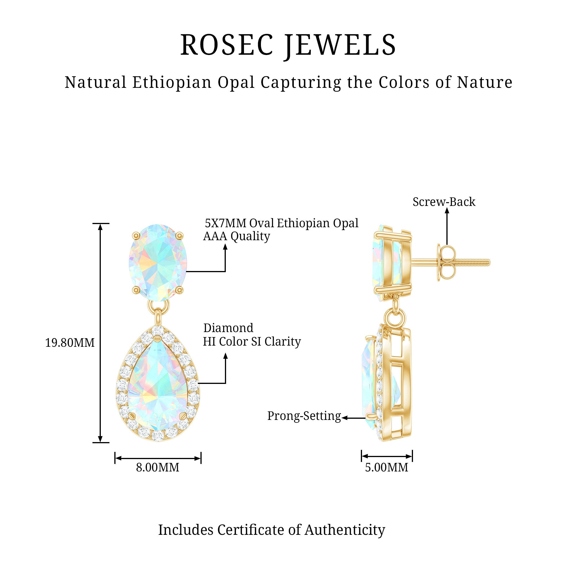 Genuine 3 Carat Ethiopian Opal Drop Dangle Earrings with Diamond Halo AAA - Rosec Jewels