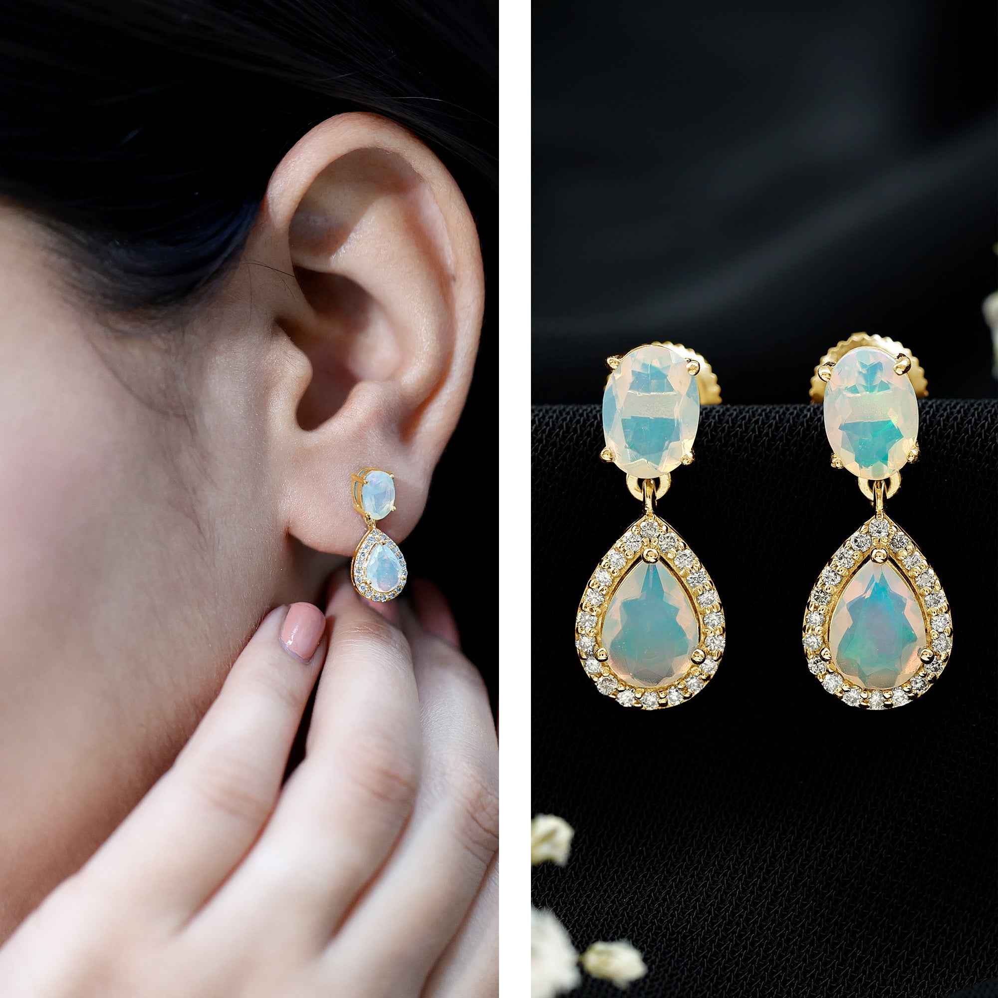 Genuine 3 Carat Ethiopian Opal Drop Dangle Earrings with Diamond Halo AAA - Rosec Jewels