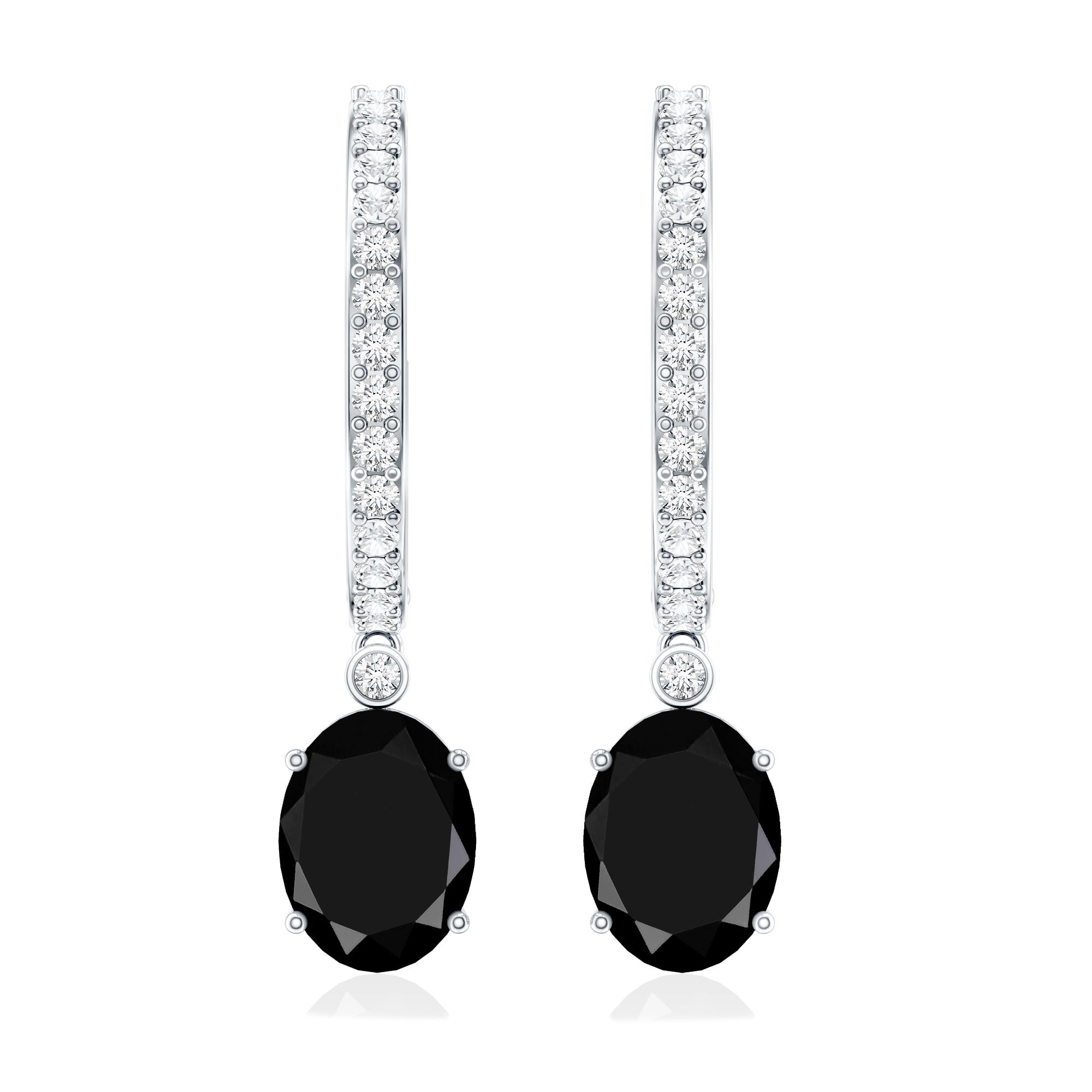 Natural 2.2 Carat Oval Black Onyx Hoop Drop Earrings with Diamond AAA - Rosec Jewels