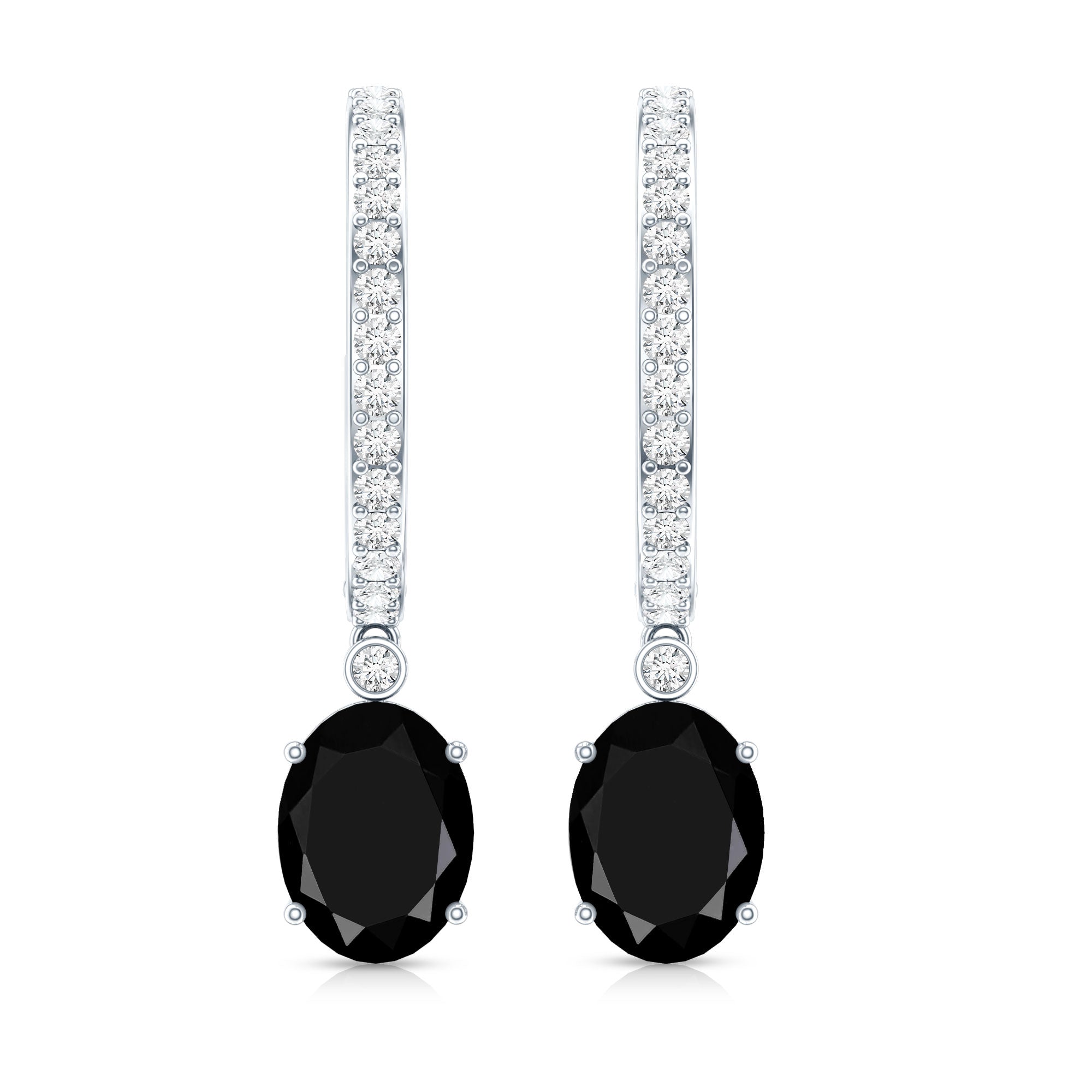 Natural 2.2 Carat Oval Black Onyx Hoop Drop Earrings with Diamond AAA - Rosec Jewels