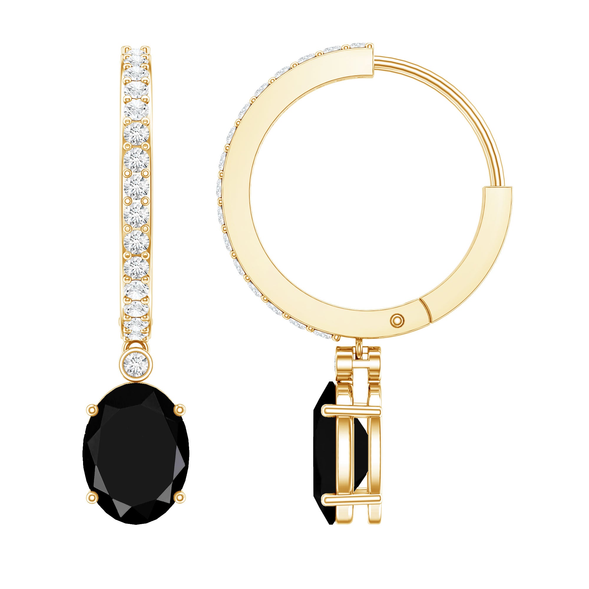 Natural 2.2 Carat Oval Black Onyx Hoop Drop Earrings with Diamond AAA - Rosec Jewels