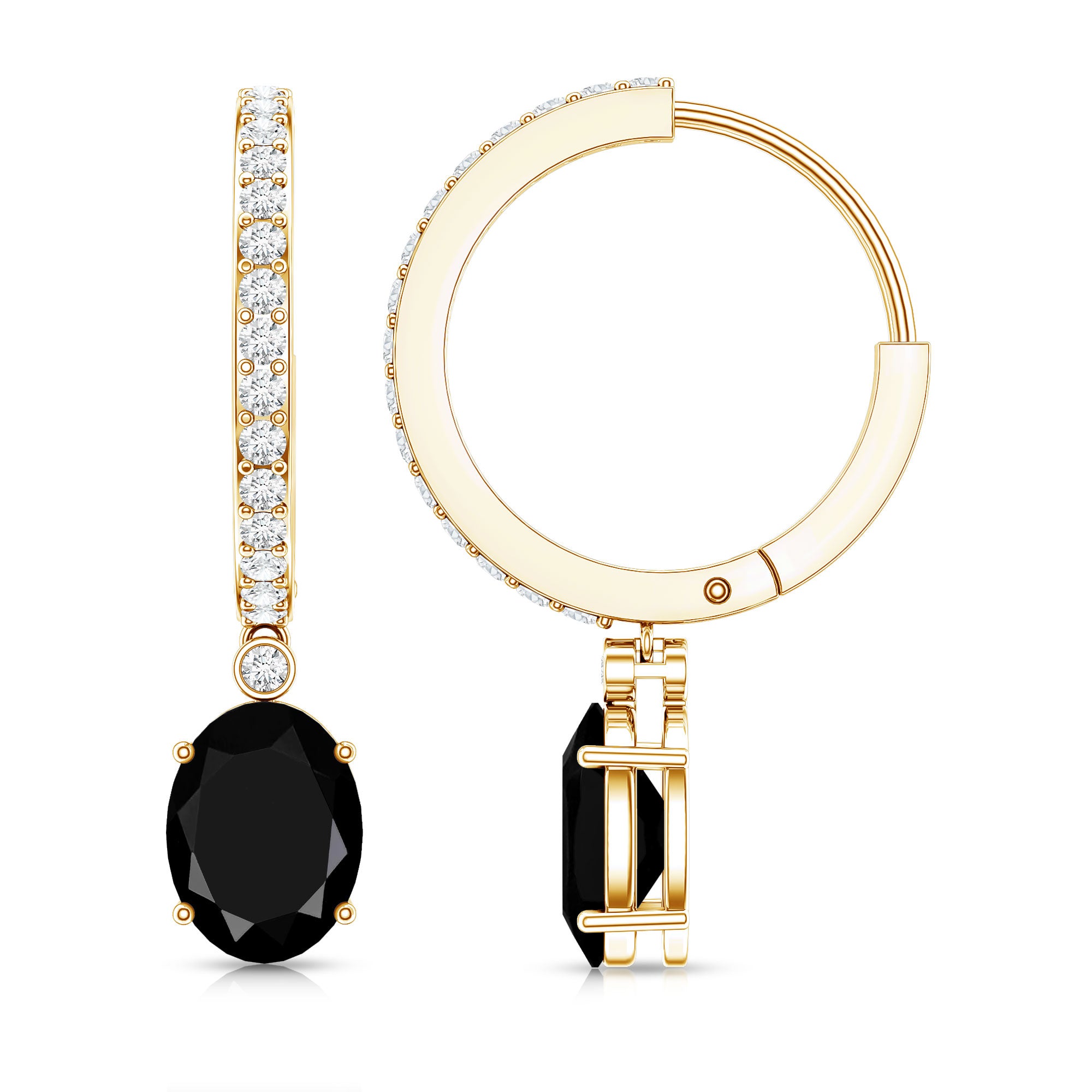 Natural 2.2 Carat Oval Black Onyx Hoop Drop Earrings with Diamond AAA - Rosec Jewels