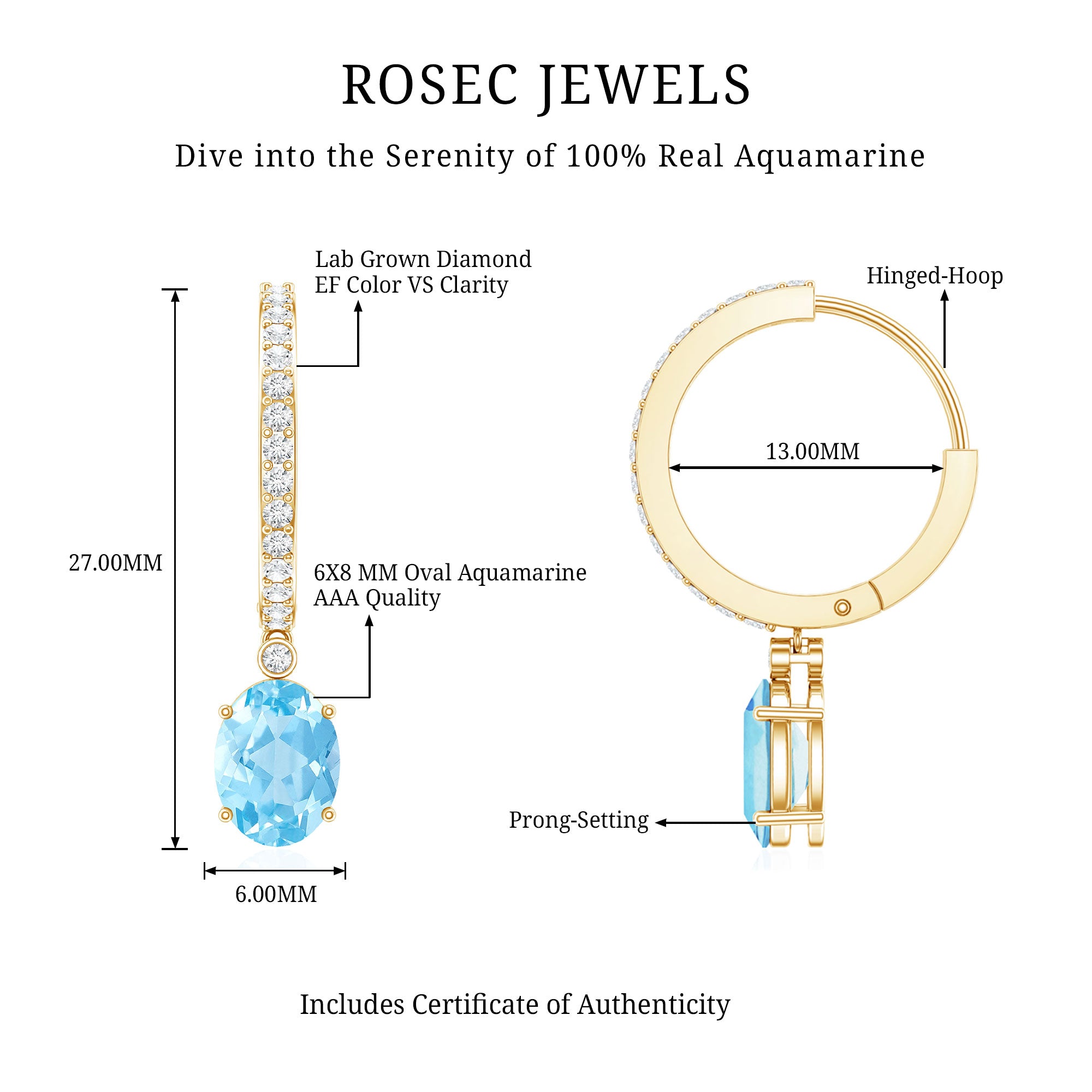Genuine 2.2 Carat Oval Cut Aquamarine Hoop Drop Earrings with Diamond AAA - Rosec Jewels