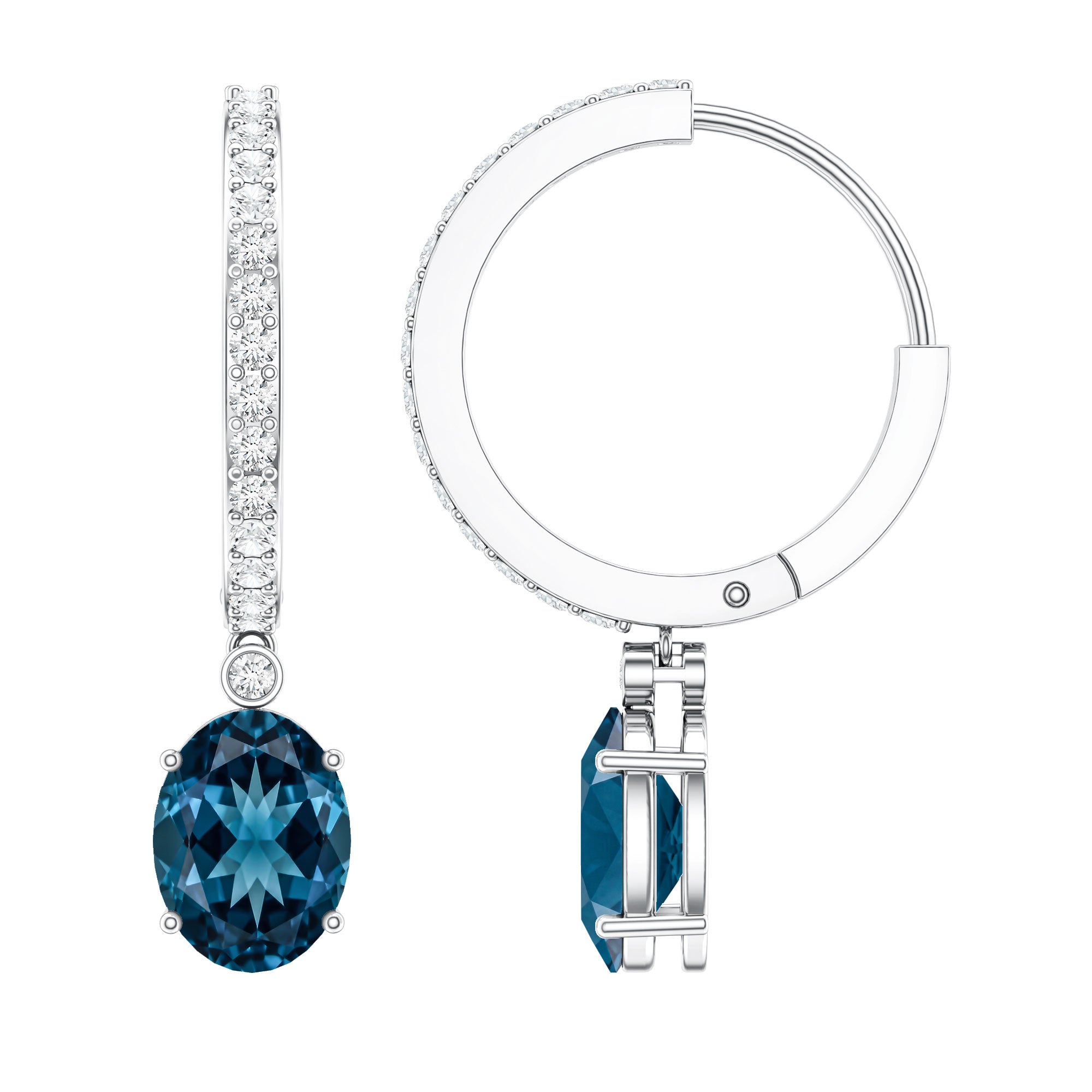 Natural Oval 2.2 Carat London Blue Topaz Drop hoop Earrings with Diamond AAA - Rosec Jewels