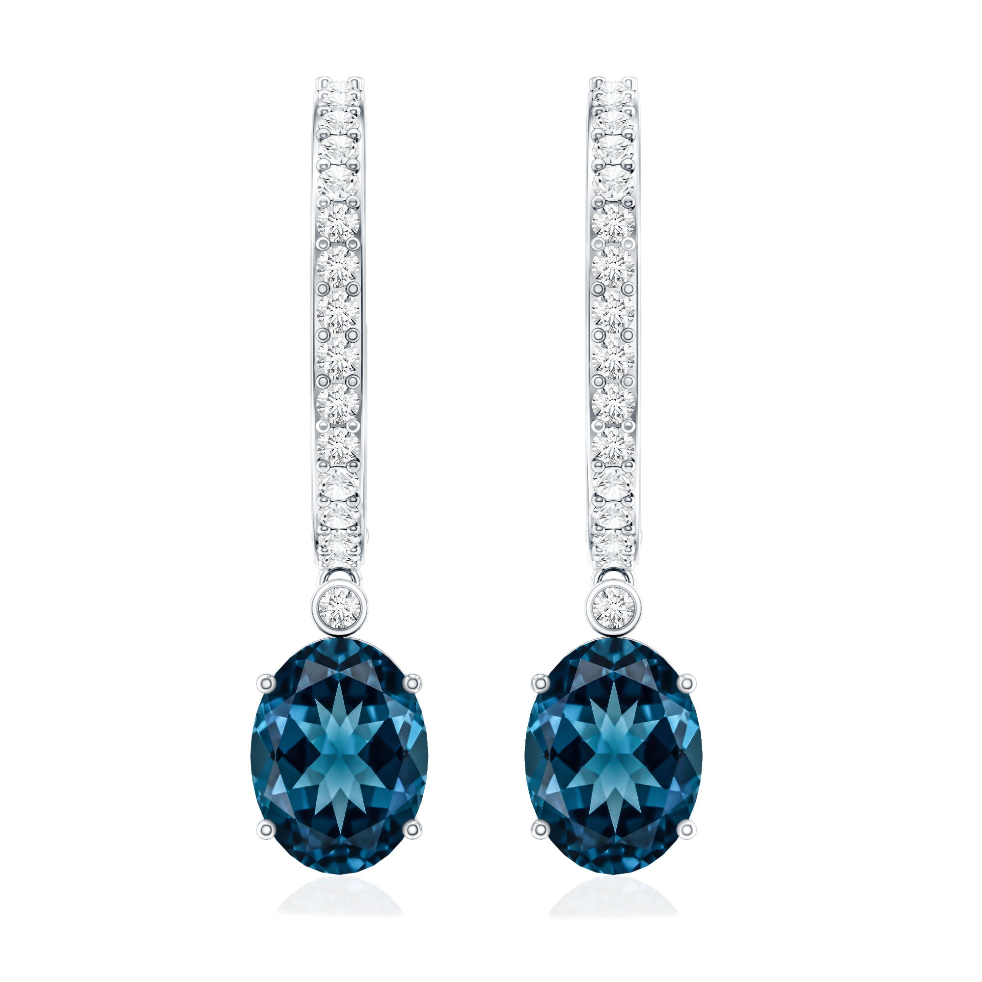 Natural Oval 2.2 Carat London Blue Topaz Drop hoop Earrings with Diamond AAA - Rosec Jewels