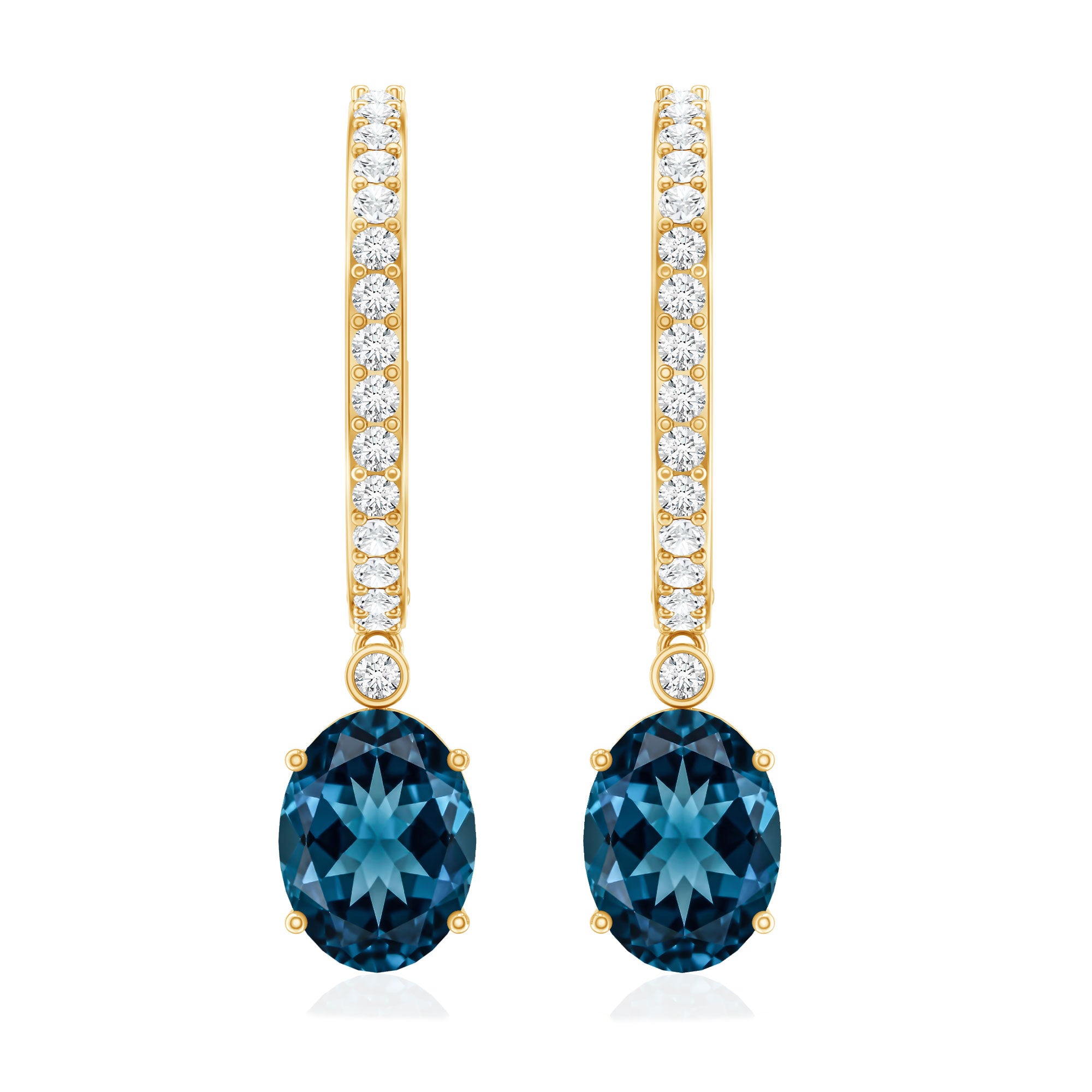 Natural Oval 2.2 Carat London Blue Topaz Drop hoop Earrings with Diamond AAA - Rosec Jewels