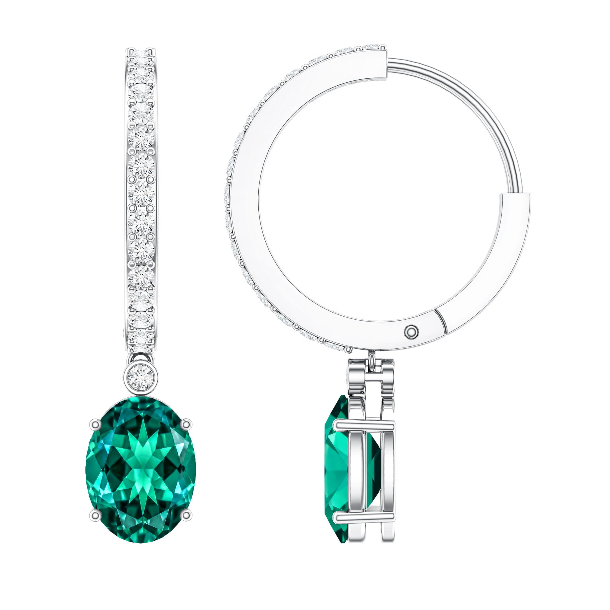 2.5 Carat Oval Cut Lab Grown Emerald and Diamond Hoop Earrings AAAA - Rosec Jewels